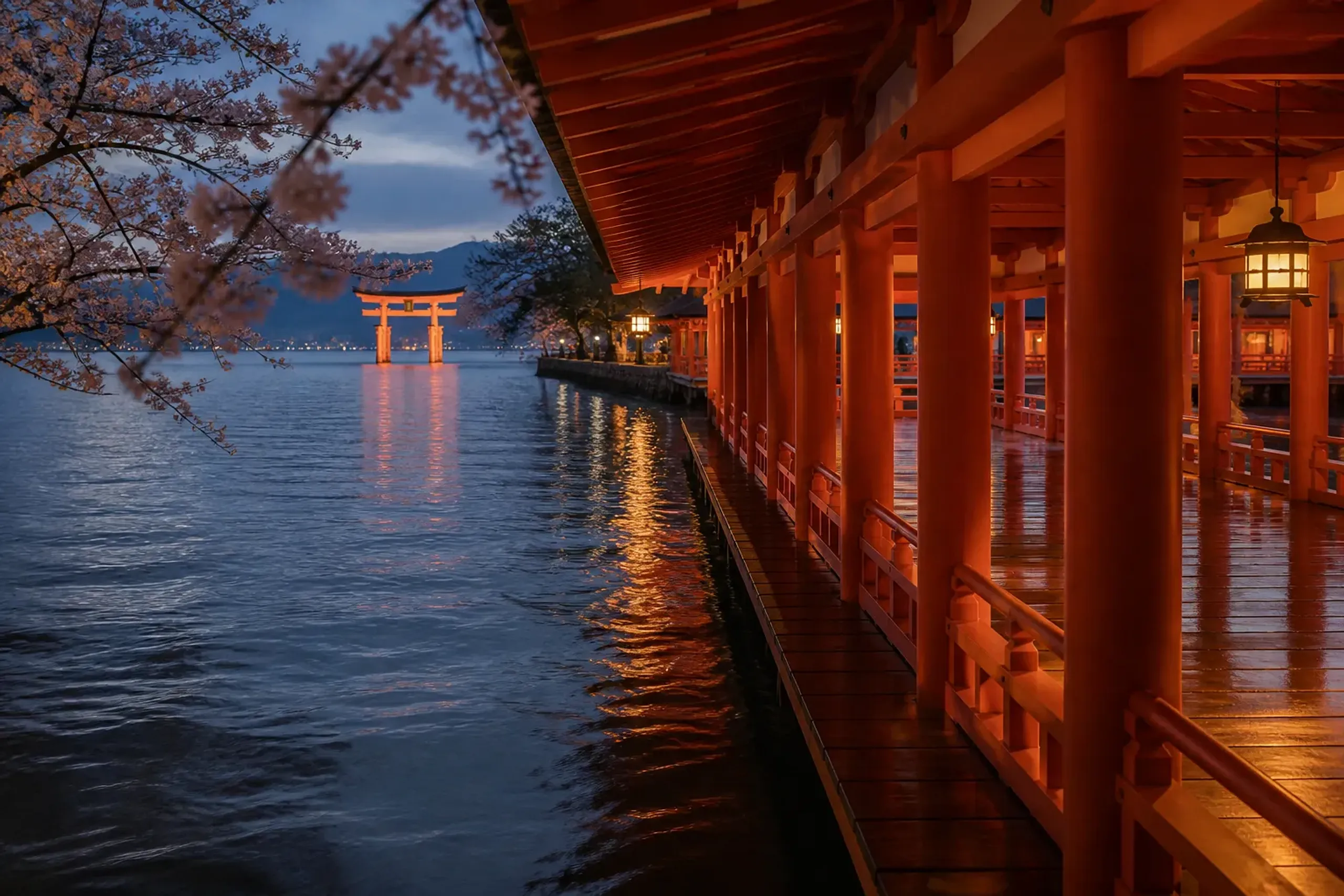 Itsukushima Shrine corridor at high tide with water beneath the wooden walkway