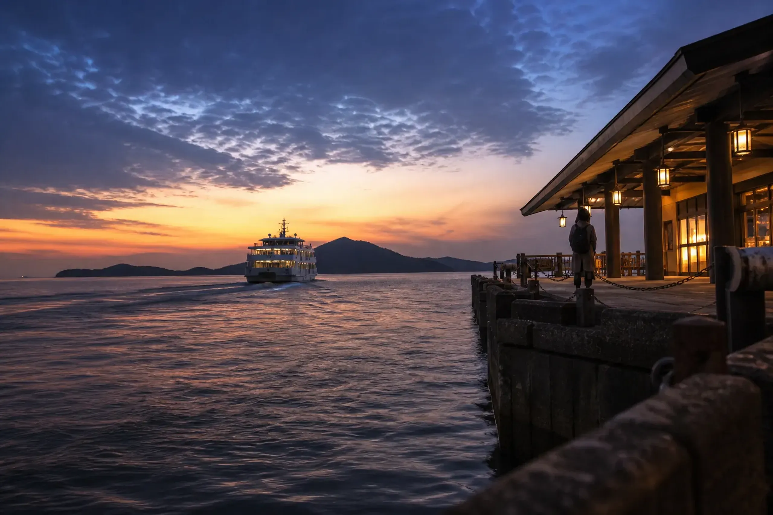 the Miyajimaguchi ferry terminal on the mainland shore with ferries bound for Itsukushima