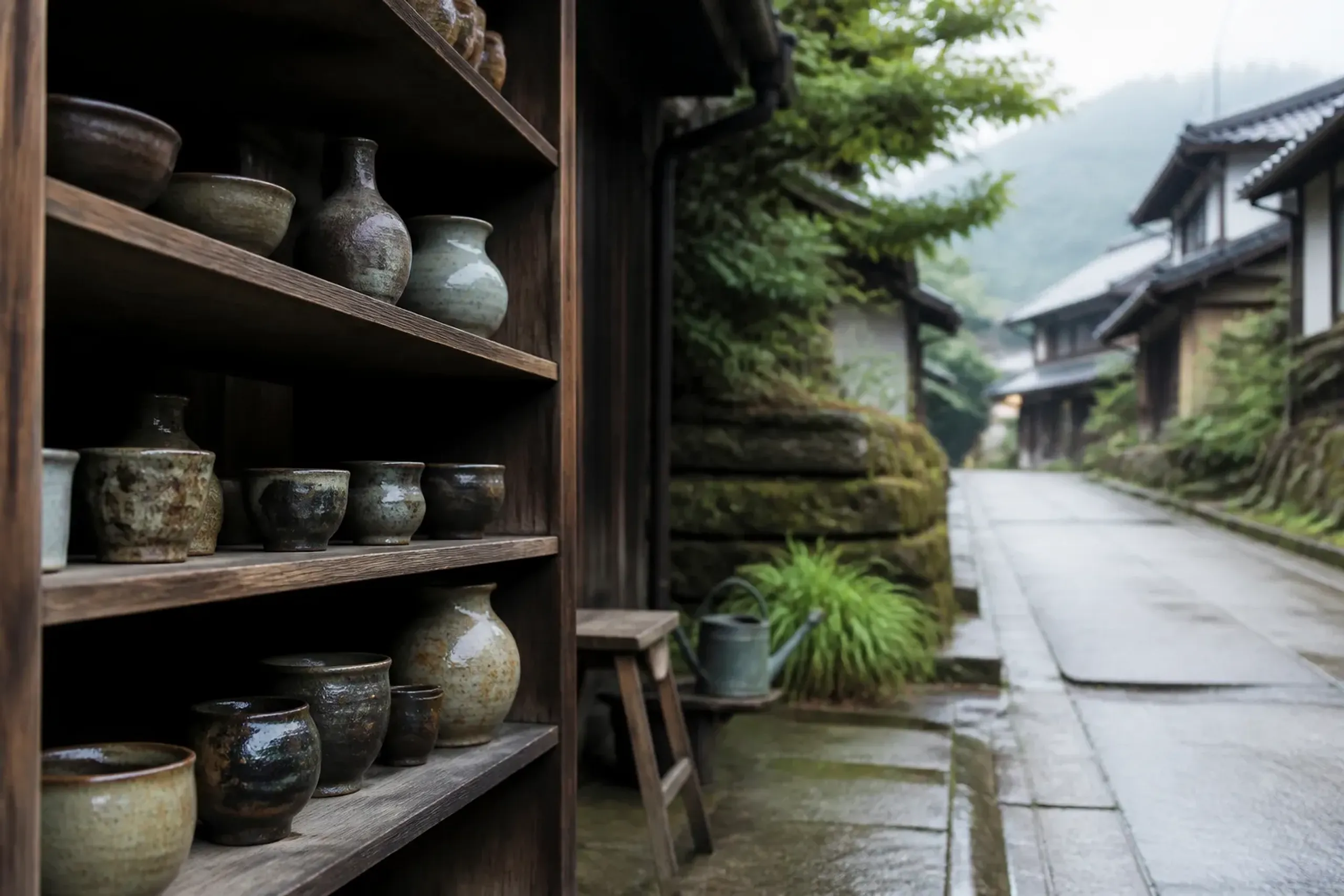 Quiet weekday street in Mashiko pottery district with ceramic shops and pottery displays