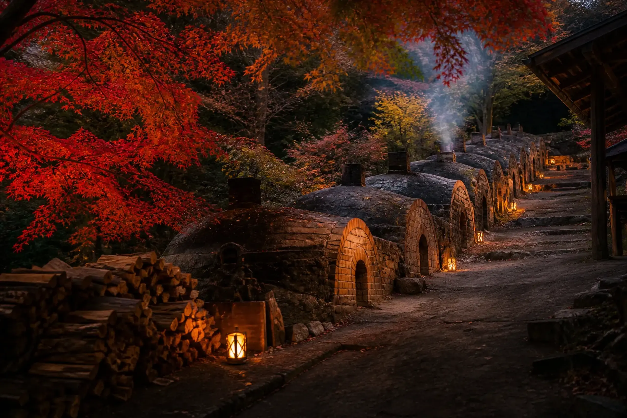 Noborigama climbing kiln on a hillside in Mashiko with red pine firewood and light smoke