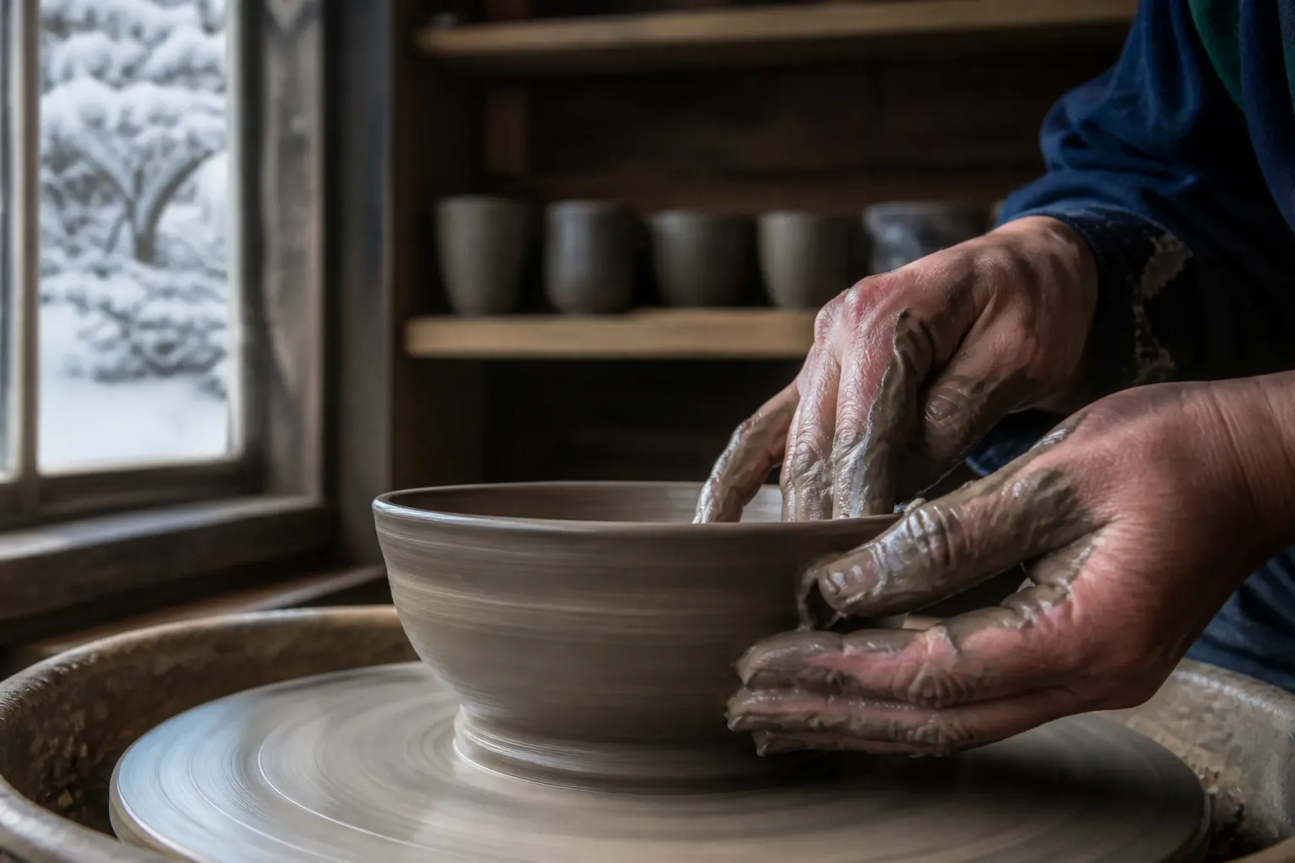 A Mashiko potter's hands shaping wet clay on a spinning wheel inside a working Tochigi studio, tools and finished cups arranged on wooden shelves in the background