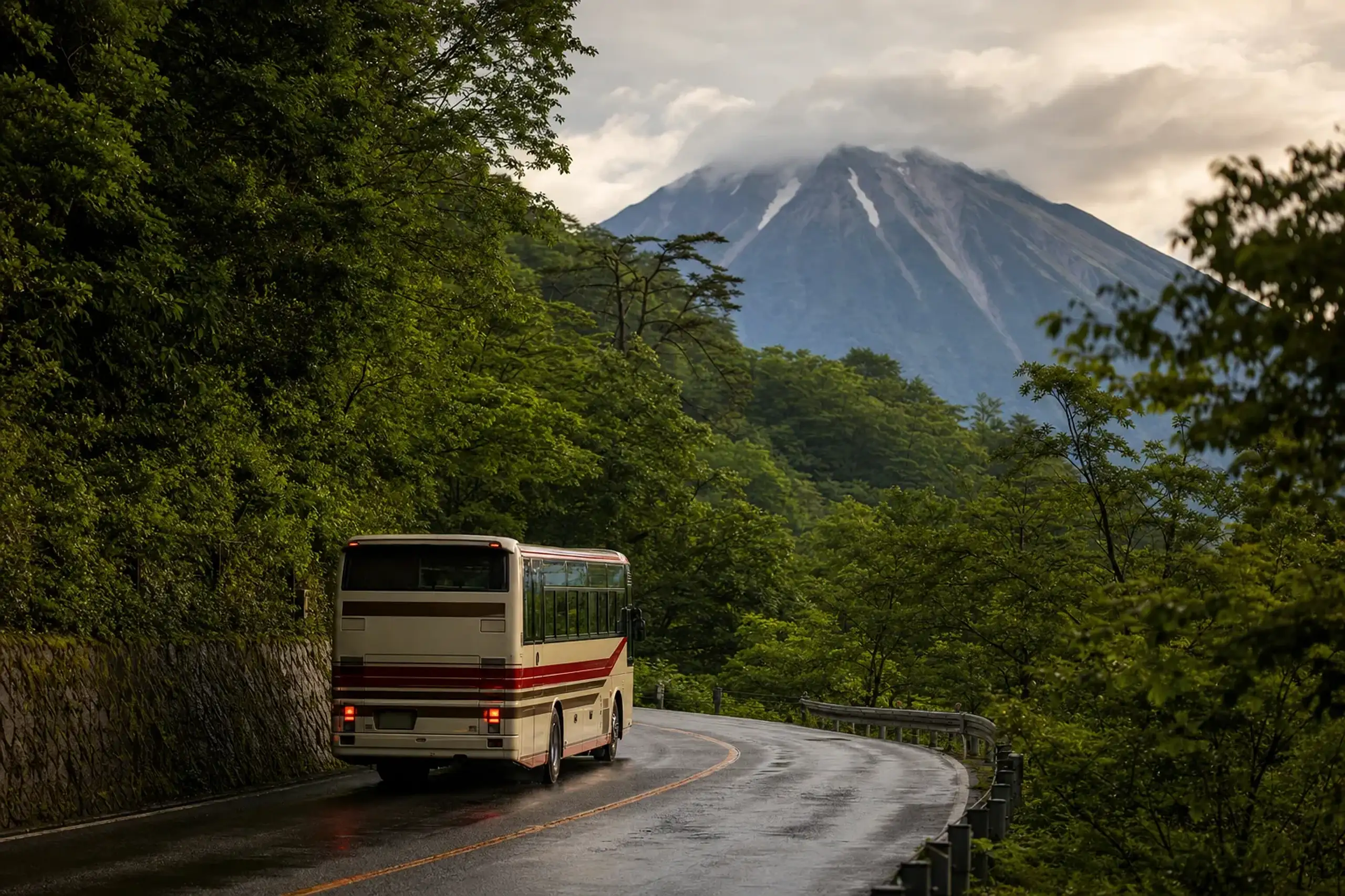 a Nihon Kotsu local bus on a mountain road within Daisen-Oki National Park