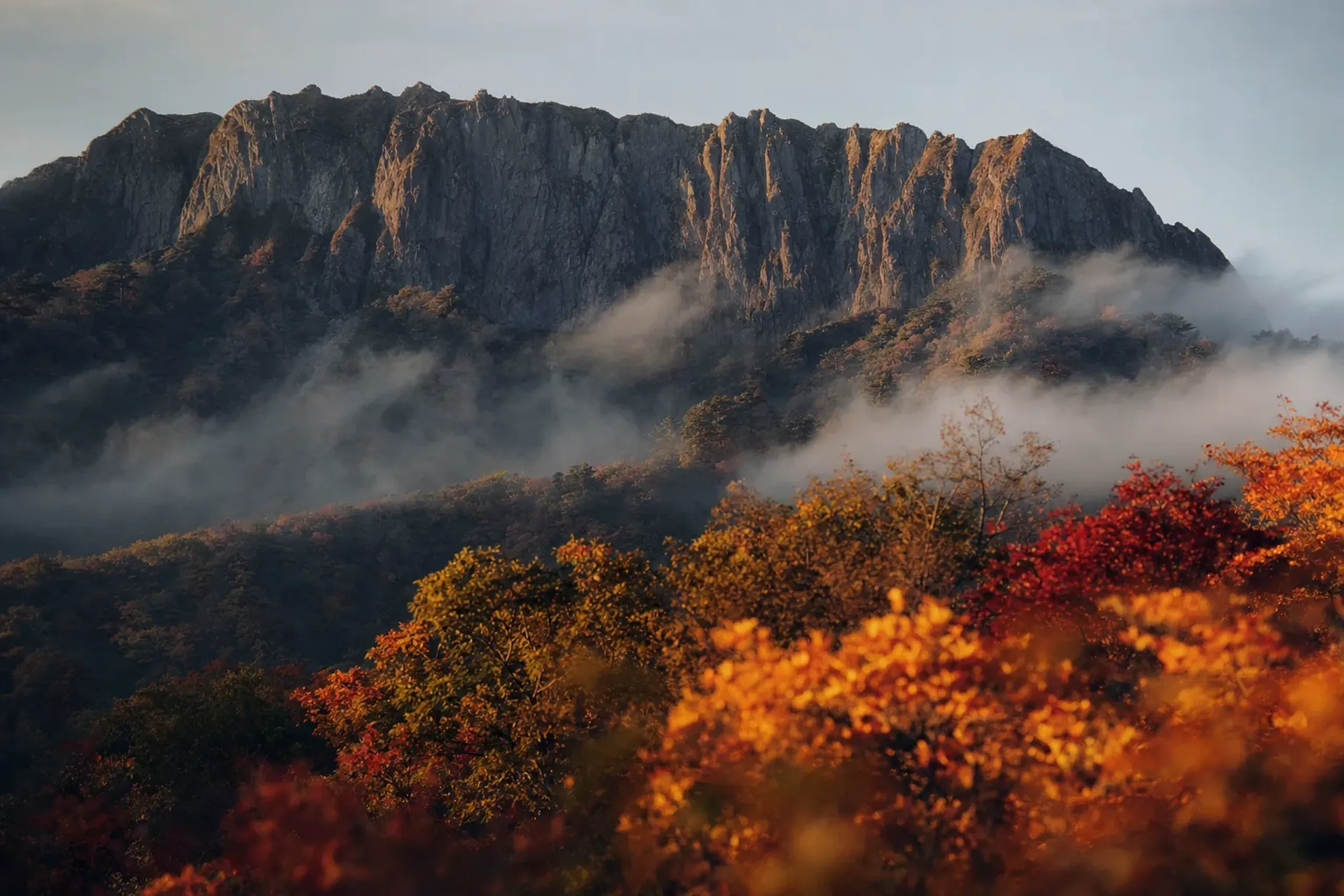 the sharply cut dark North Wall of Mt. Daisen rising above Daisen-Oki National Park