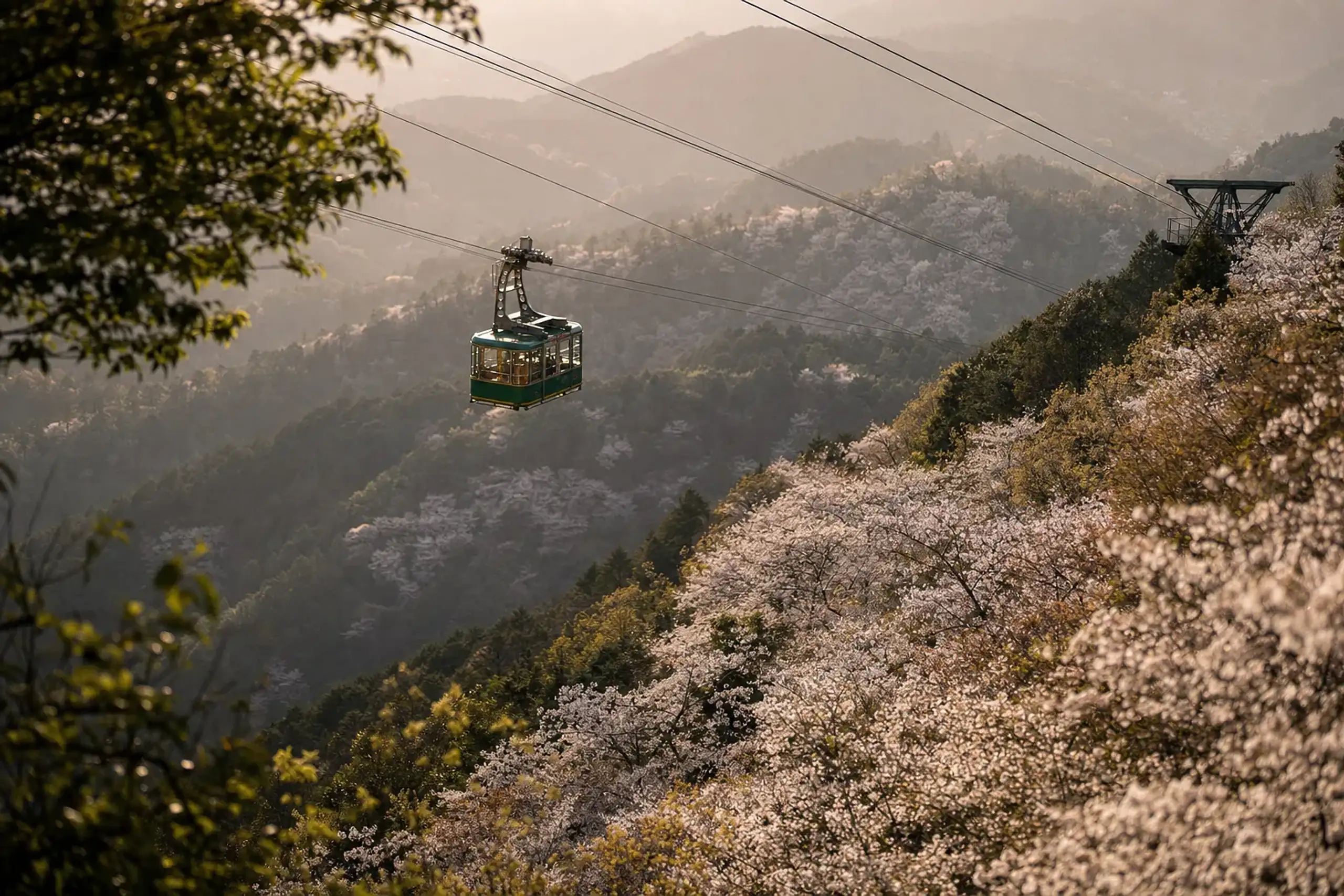 the Yoshino Ropeway cable car crossing above cherry-covered slopes between Senbonguchi and Yoshinoyama stations