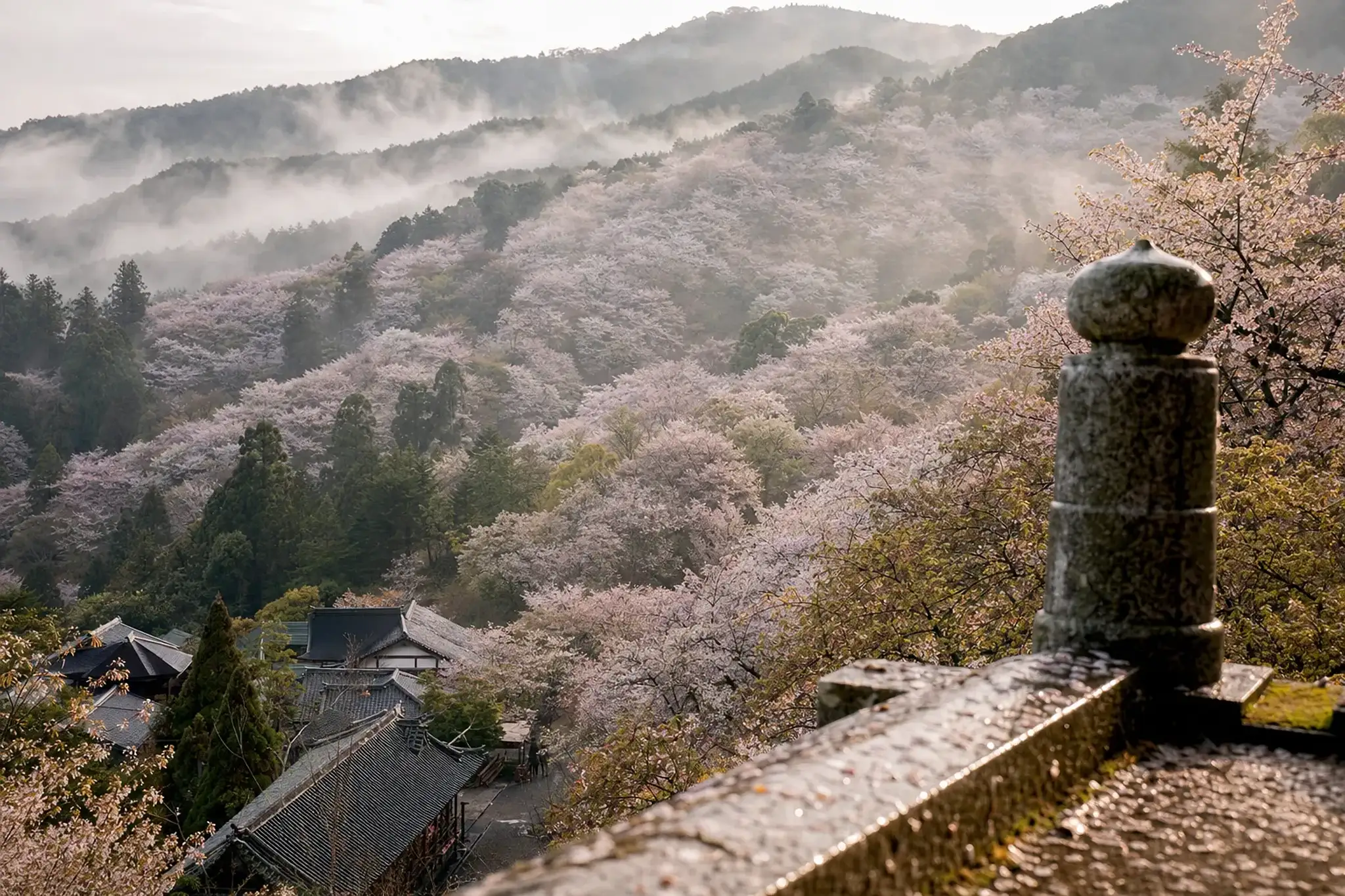 the hitome-senbon panorama of layered cherry groves seen in a single sweep from near Yoshimizu Shrine