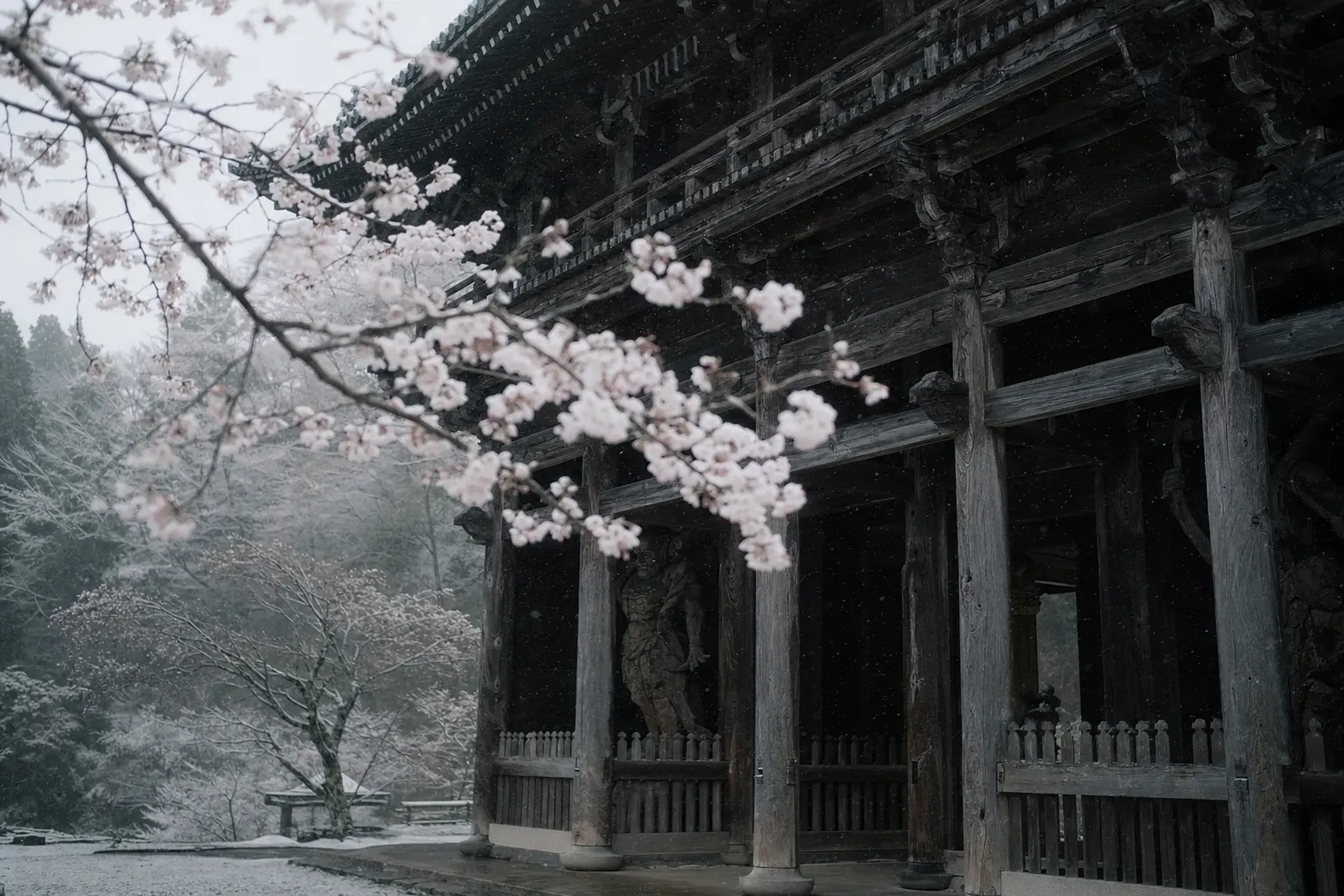 the National Treasure Niō-mon gate of Kimpusen-ji framed by blossoming mountain cherry branches