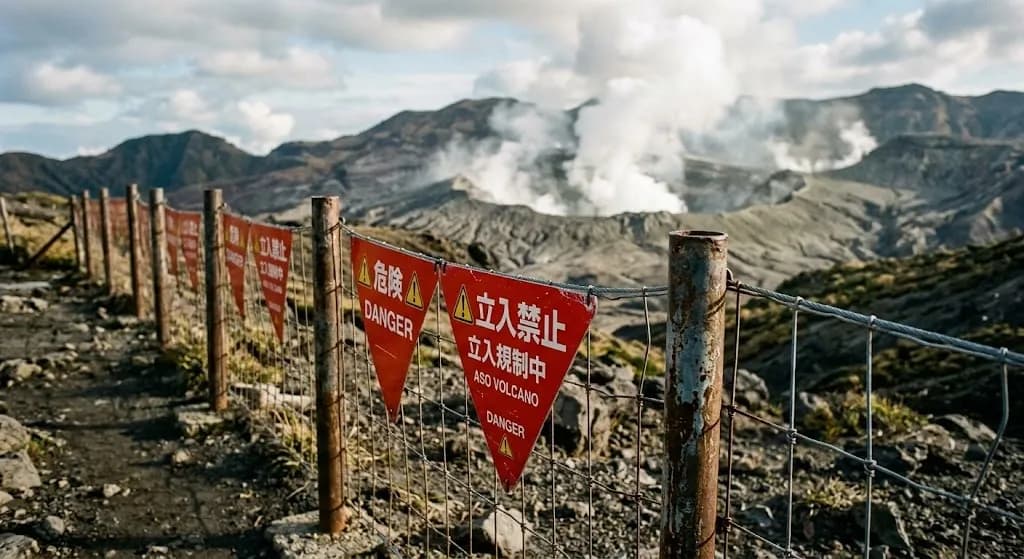 Red hazard signs along a fence at Mount Aso, with volcanic steam rising from the crater beyond