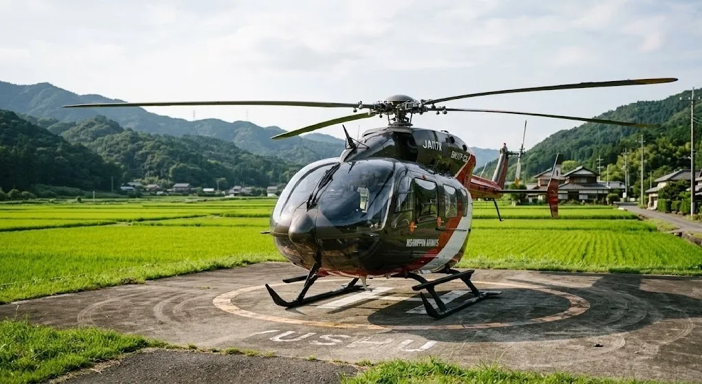 A private executive helicopter on a helipad amid Kyushu’s green rice paddies and mountains