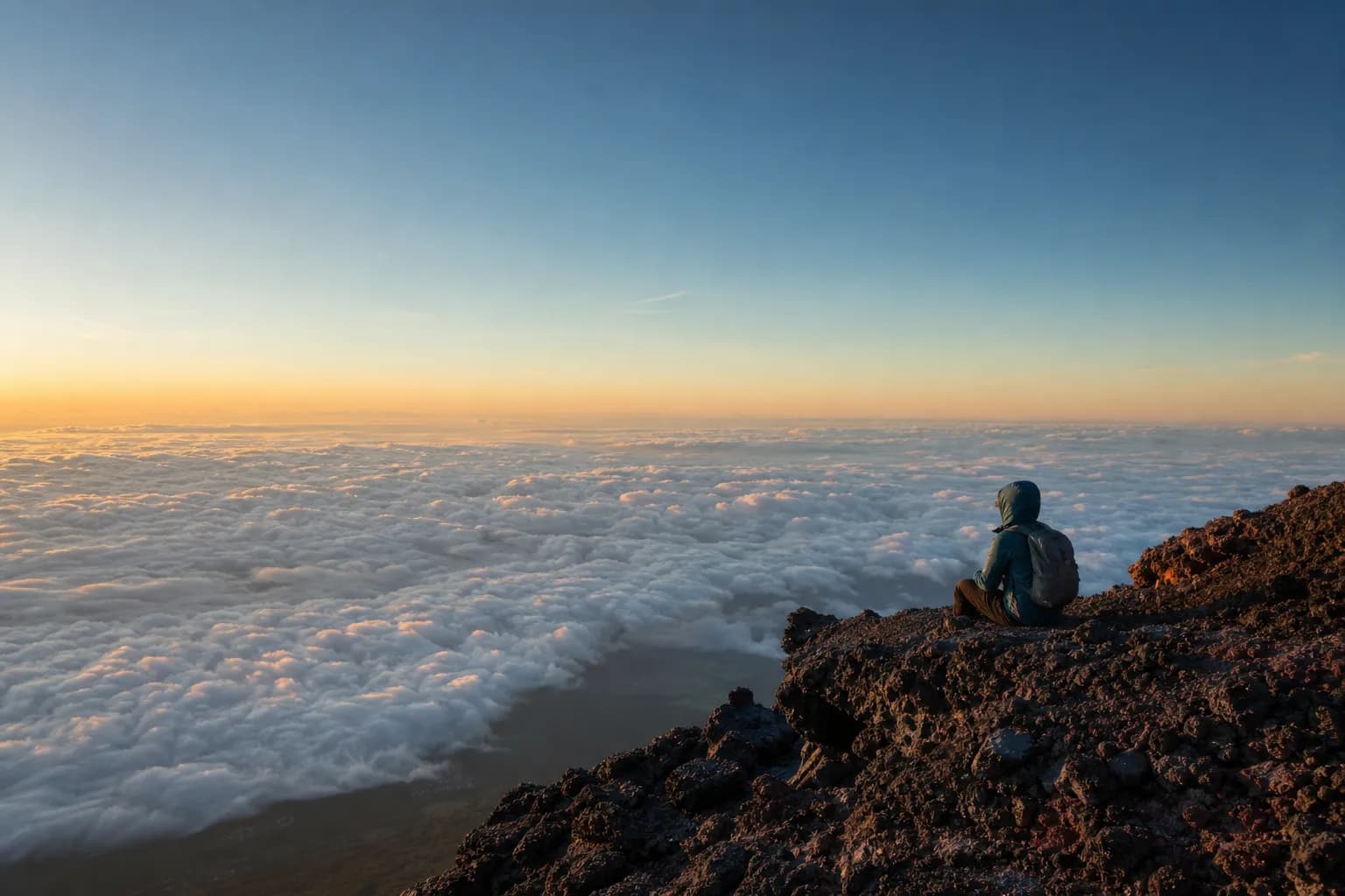 A hiker resting on volcanic rock high on Mount Fuji above a layer of clouds