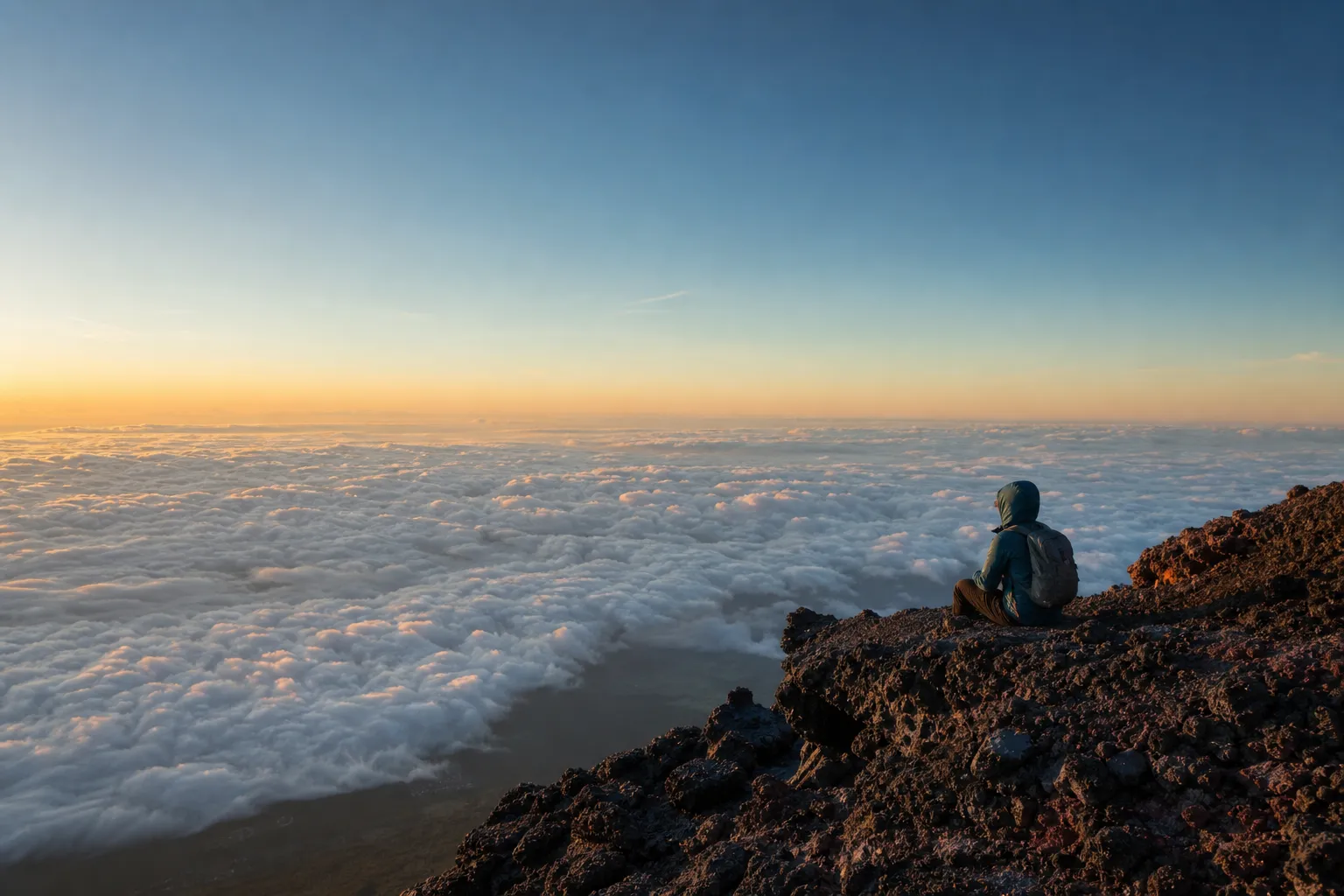 A hiker resting on volcanic rock high on Mount Fuji above a layer of clouds