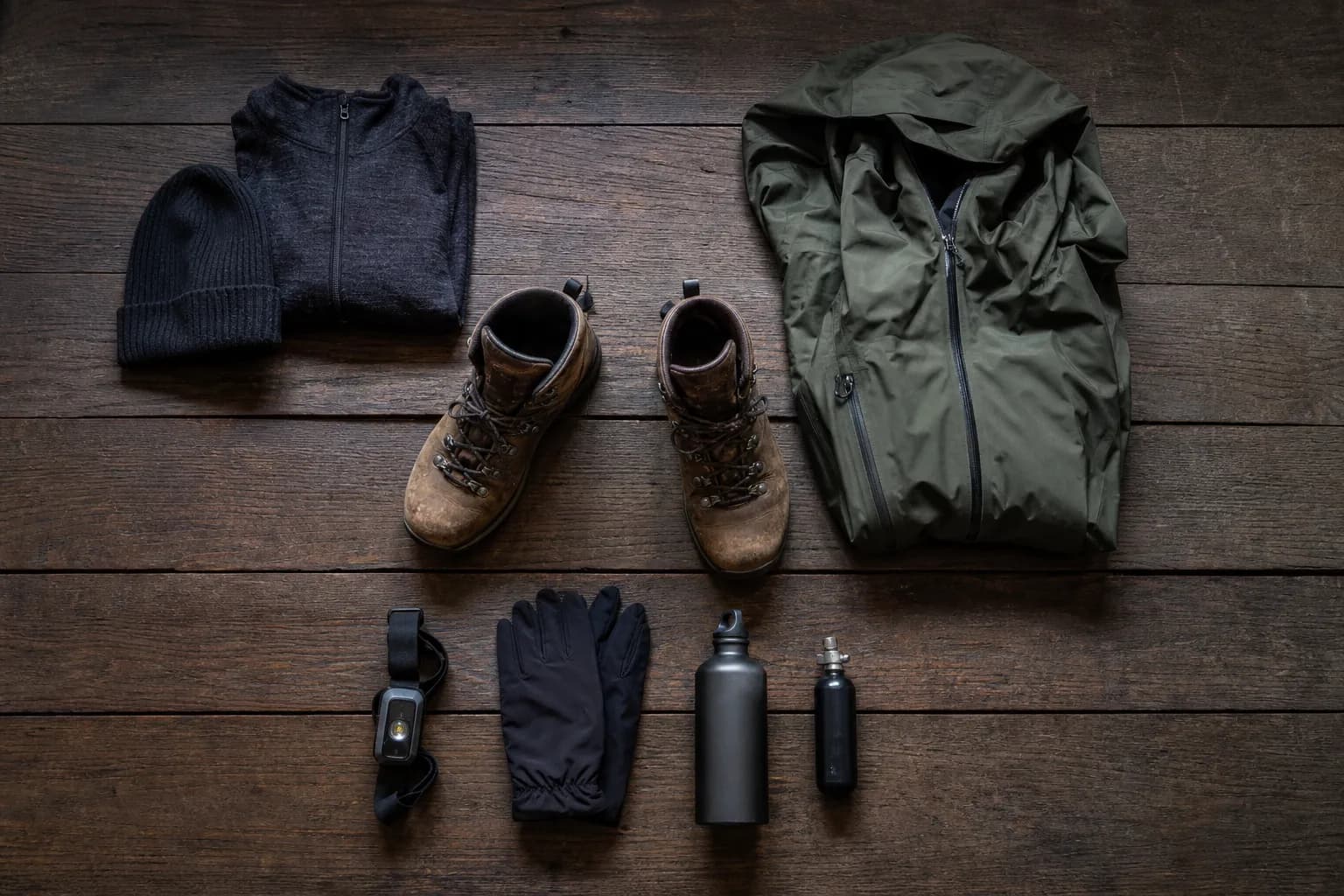 Flat-lay of essential Mount Fuji climbing gear including boots, layers, headlamp and oxygen canister