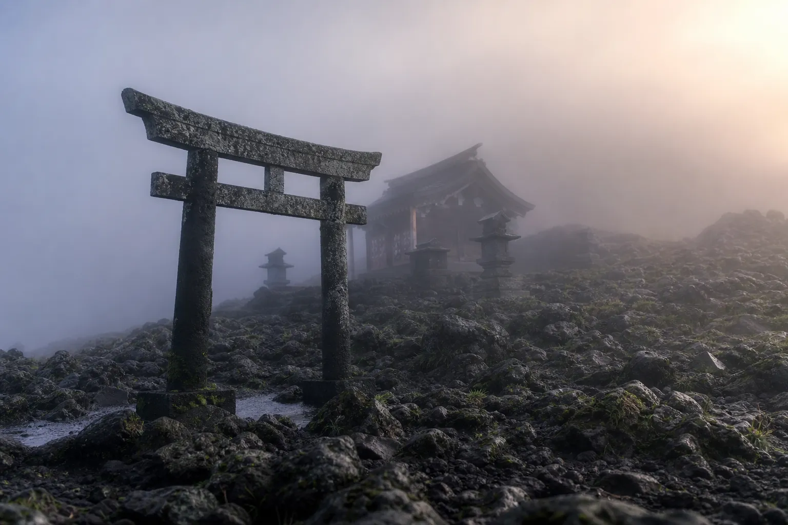 A weathered torii gate and small shrine near the summit of Mount Fuji shrouded in mist