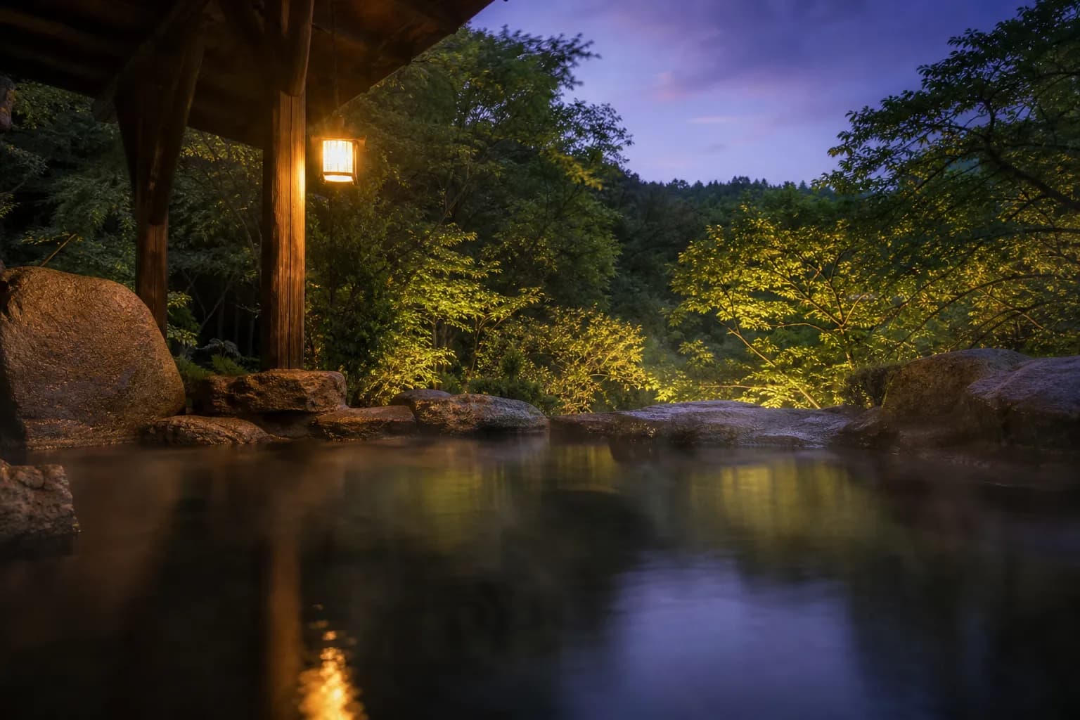 A private outdoor onsen bath at a Hakone ryokan with steam rising among autumn foliage