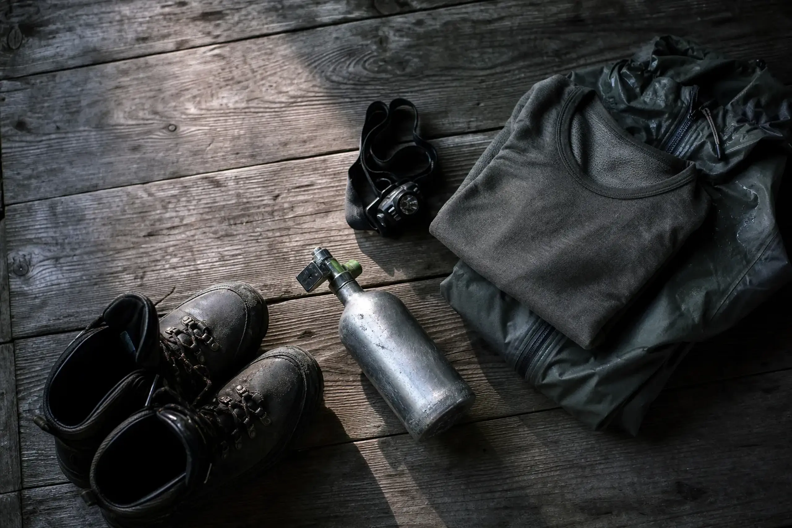 Flat-lay of essential Mount Fuji climbing gear including boots, layers, headlamp and oxygen canister