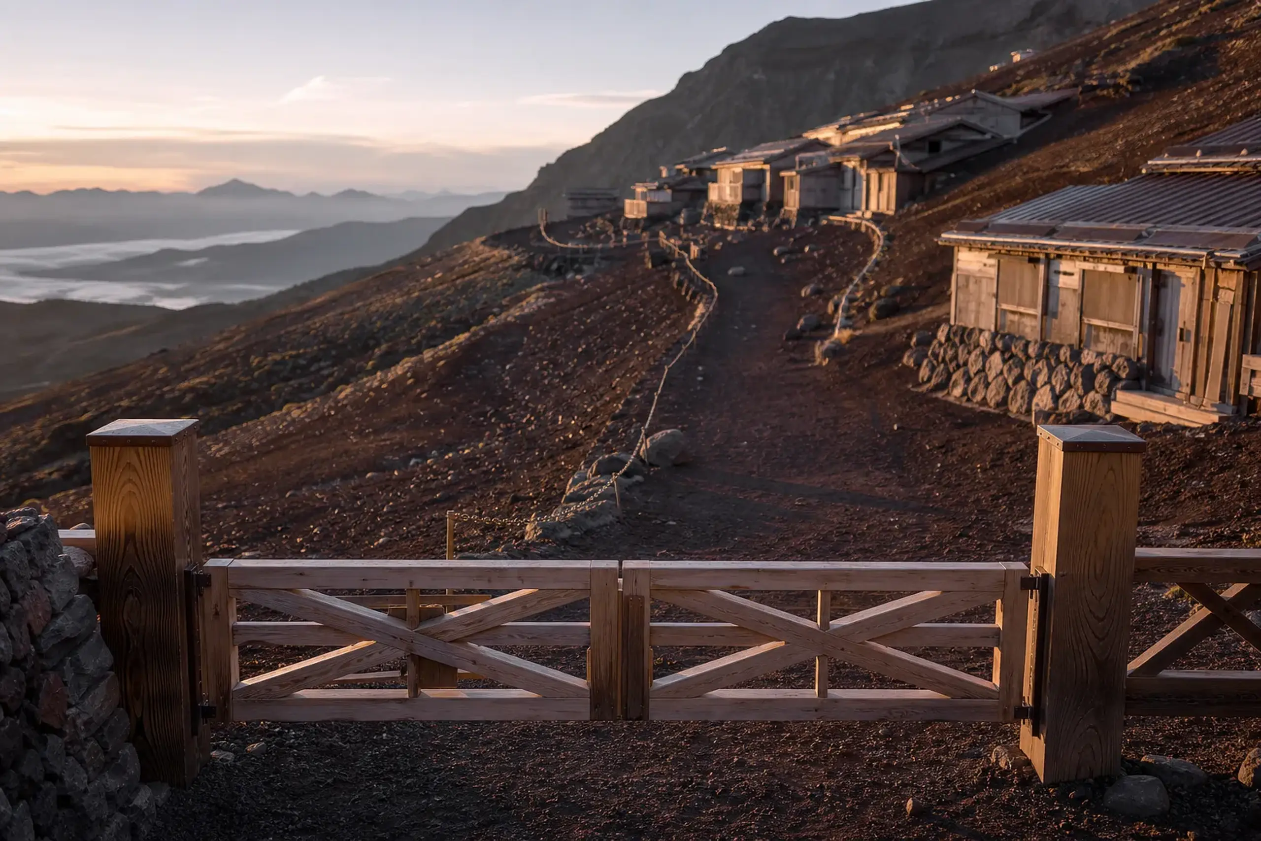 The controlled entry gate at the Yoshida Trail 5th Station on the Yamanashi side of Mt. Fuji, with the volcanic scree path and clustered wooden mountain huts stretching up the slope behind it