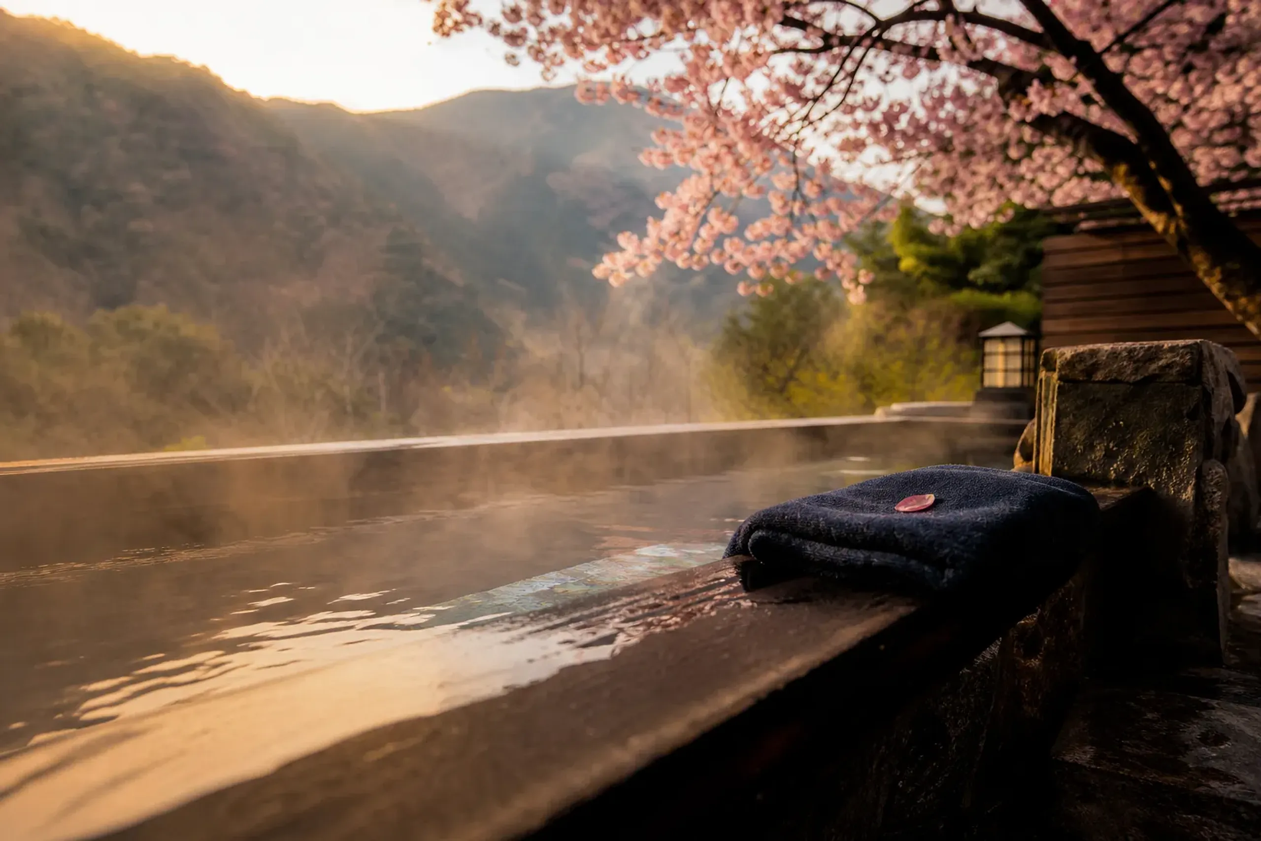 A private outdoor onsen bath at a Hakone ryokan with steam rising among autumn foliage