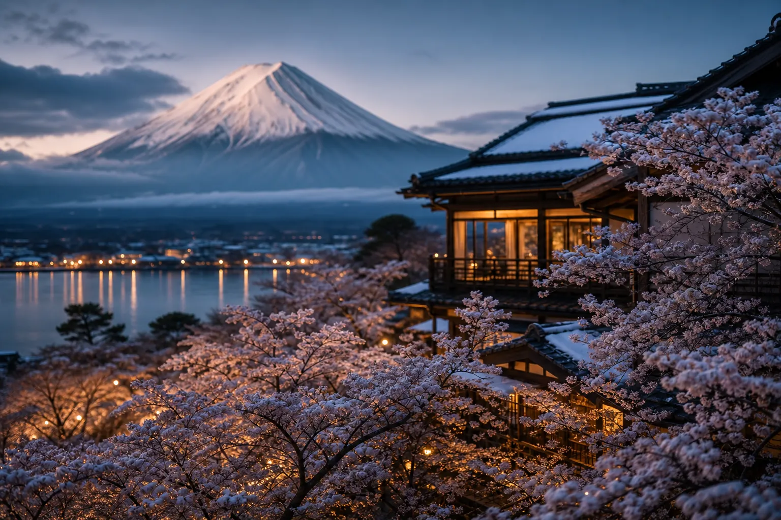 Snow-capped Mount Fuji behind pink cherry blossoms in spring morning light