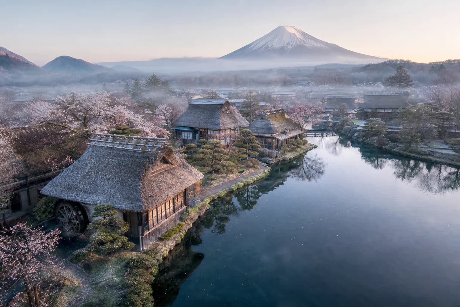 Thatched farmhouses and clear ponds at Oshino Hakkai with Mount Fuji and cherry trees