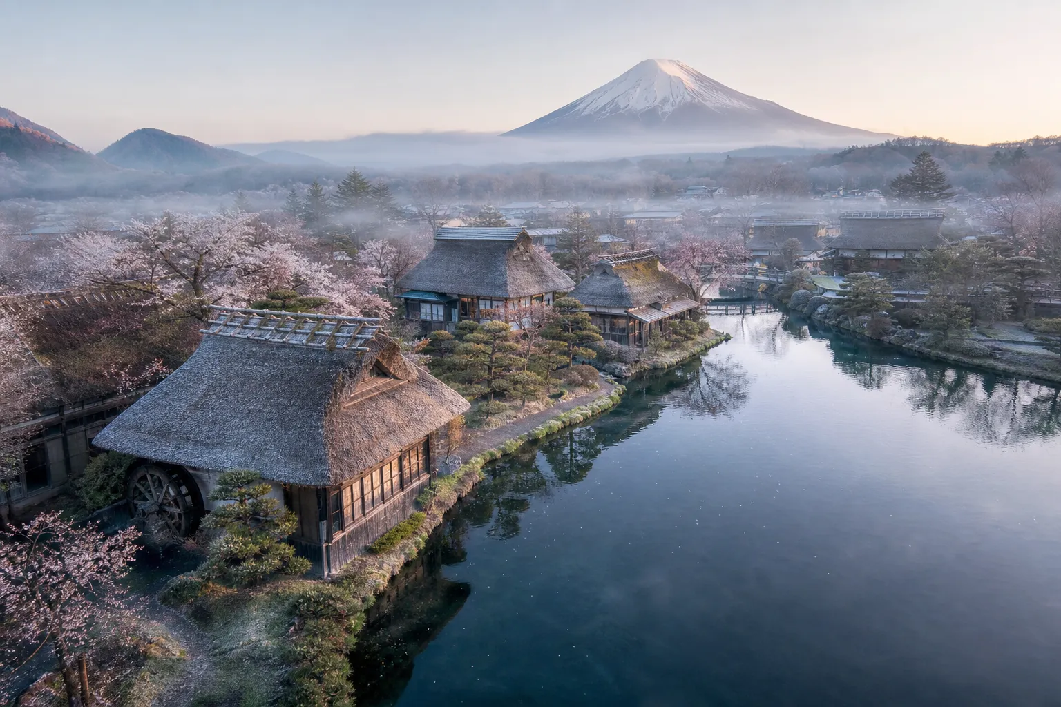 Thatched farmhouses and clear ponds at Oshino Hakkai with Mount Fuji and cherry trees