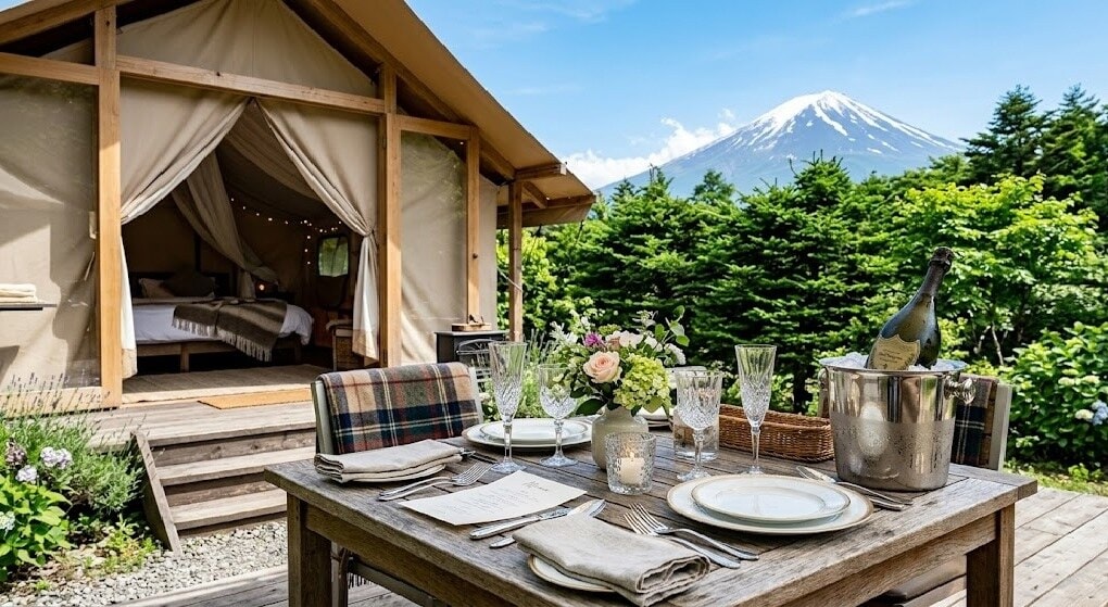 Glamping tent with an open doorway, set on a wooden deck; a rustic dining table is laid for outdoors with plates, glassware, flowers, and a bottle chilling in an ice bucket, with a snow-capped mountain and lush greenery in the background.