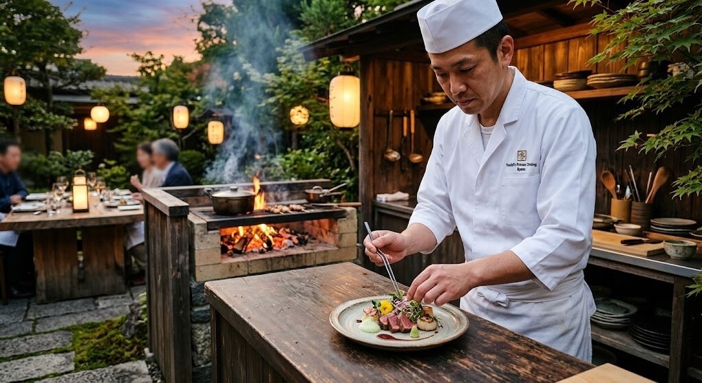 Chef in a white uniform plates an dish at an outdoor kitchen beside a wood-fired grill, lanterns glowing in the background.