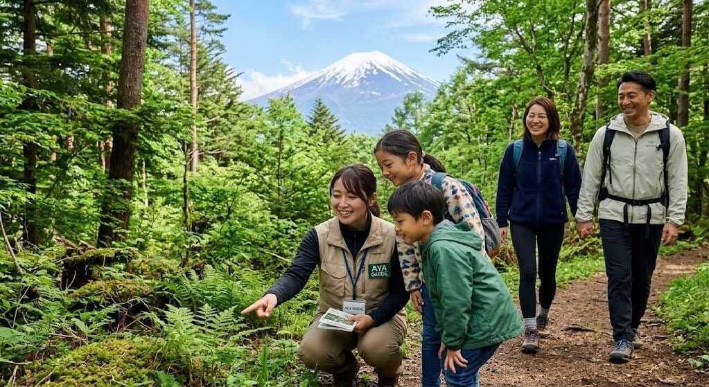 Guide kneels on a forest trail, showing a plant to a young boy while a family of four walks along the path with a snow-capped mountain in the background.