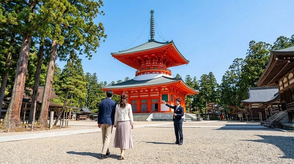 Couple walking toward a bright orange, two-tier pagoda temple as a guide explains directions in a temple courtyard.
