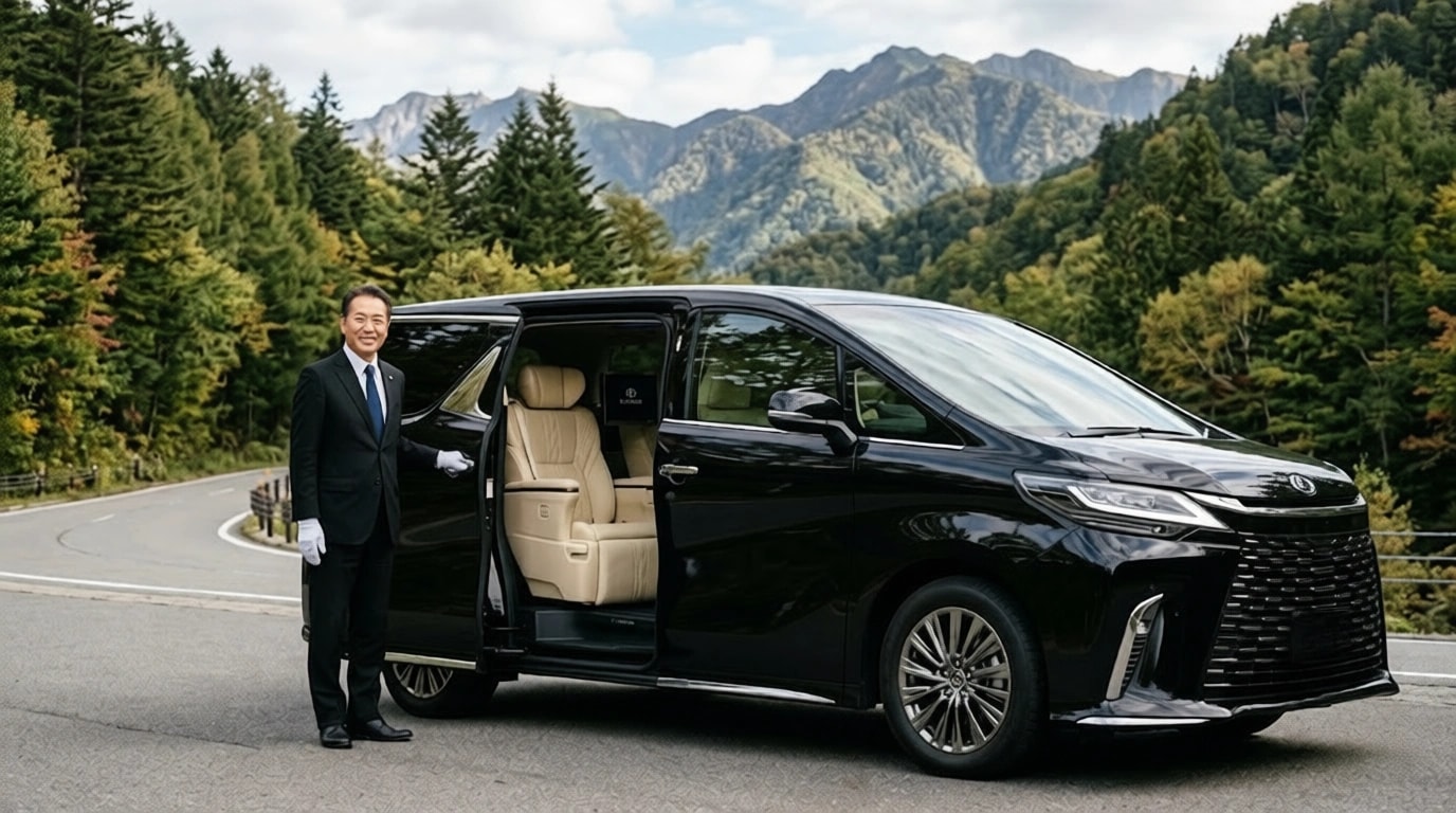 Chauffeur in a black suit and white gloves stands beside an open luxury minivan with beige interior on a mountain road.