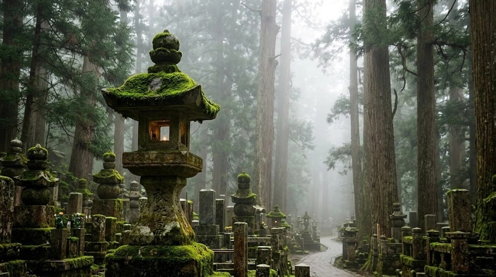 Moss-covered stone lanterns line a misty forest path in a tranquil cemetery setting.