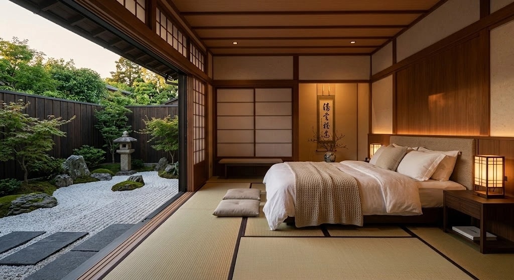 Japanese-style bedroom with tatami flooring and a low bed, sliding doors open to a Zen garden with a stone lantern.