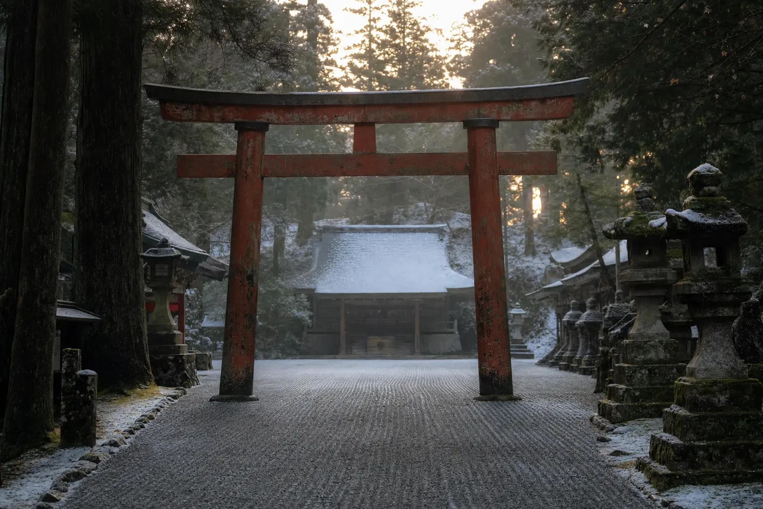 Torii gate and approach path at Munakata Taisha Hetsu-gū on the mainland in Munakata City, Fukuoka