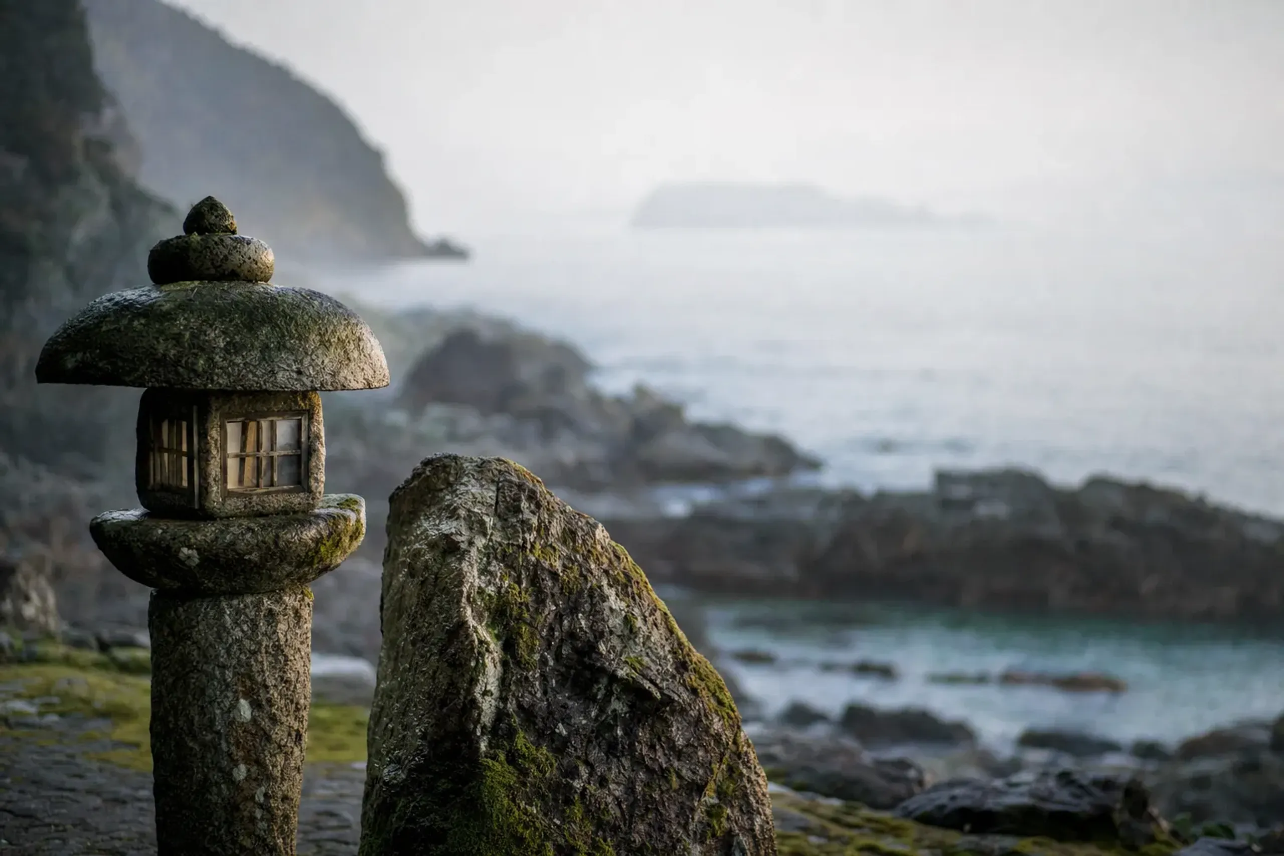 Moss-covered stone lantern and weathered rock beside the shoreline path facing the Genkai Sea toward Okinoshima, wrapped in silent morning mist