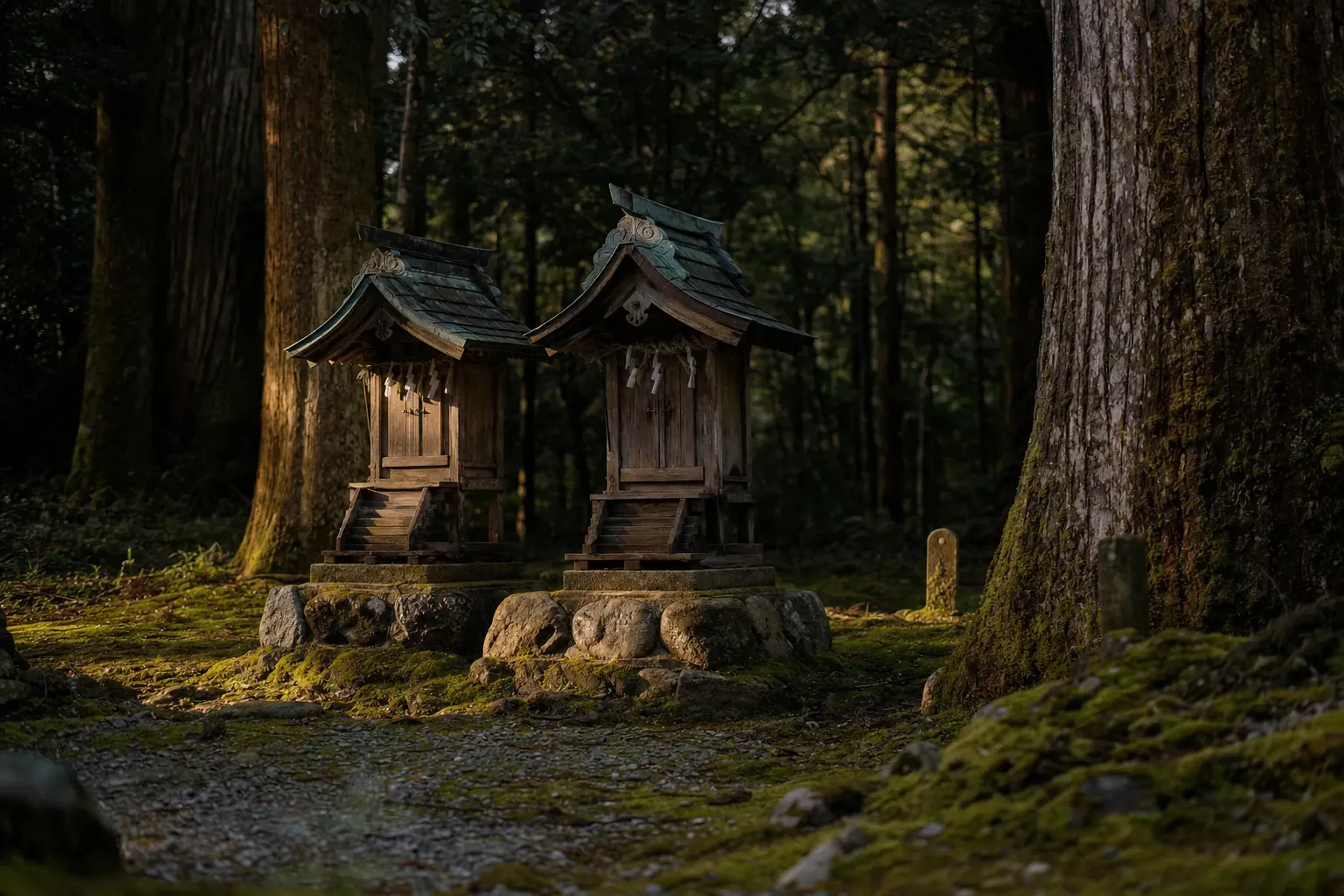 The cluster of representative subsidiary shrines within Hetsu-gū's grounds standing in for Nakatsu-gū and Okitsu-gū