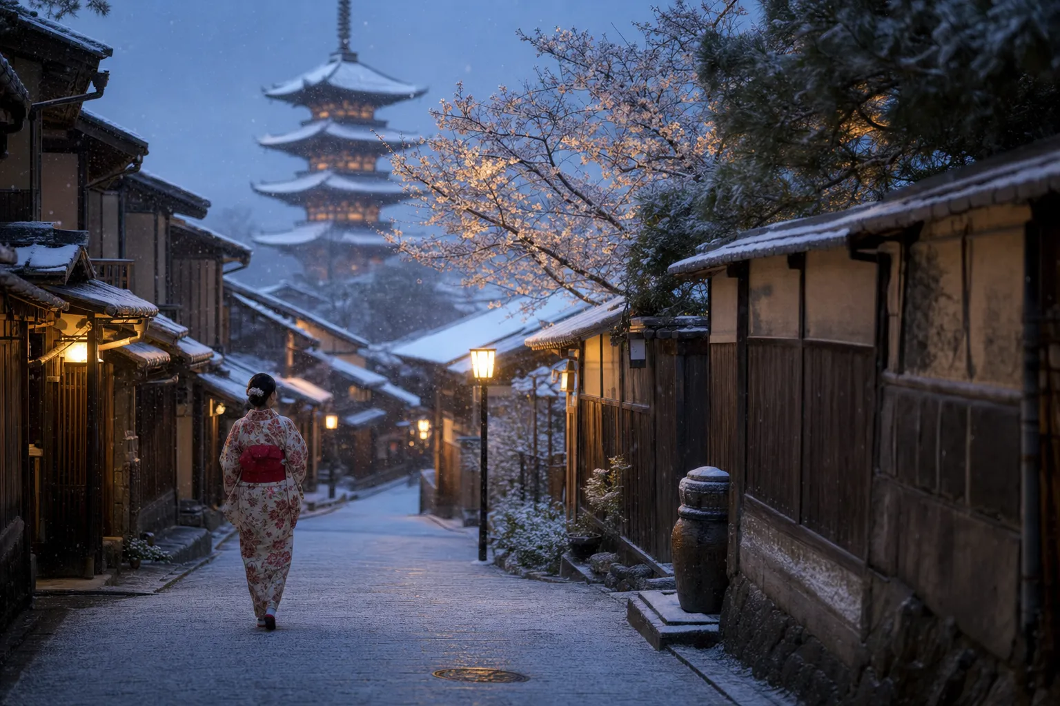 Woman in a floral kimono with a red obi walks down a stone street toward a pagoda, cherry blossoms blooming at sunset.
