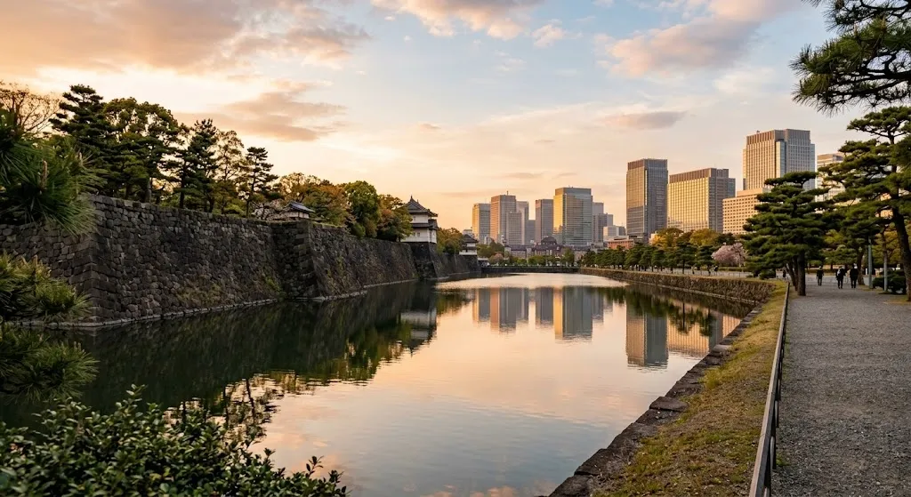 Ancient stone walls and a calm reflective moat of the Tokyo Imperial Palace sit in the foreground, contrasting beautifully with towering modern skyscrapers under a golden hour sky.