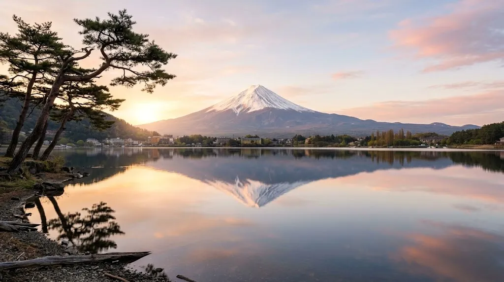 A tranquil wide-angle photograph capturing the symmetrical peak of Mount Fuji perfectly reflected in the glass-like surface of Lake Kawaguchi during a calm morning sunrise in Japan.