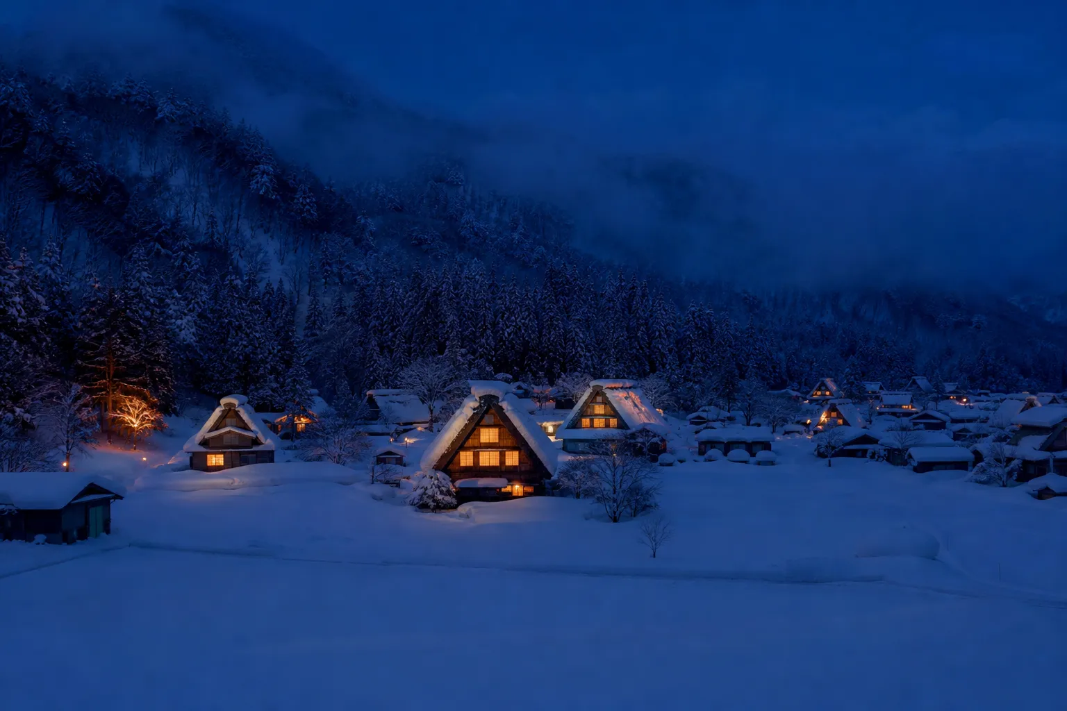 A cinematic evening view of Shirakawa-go village with gassho-zukuri farmhouses covered in deep snow, their windows glowing with warm light against a dark blue winter sky.