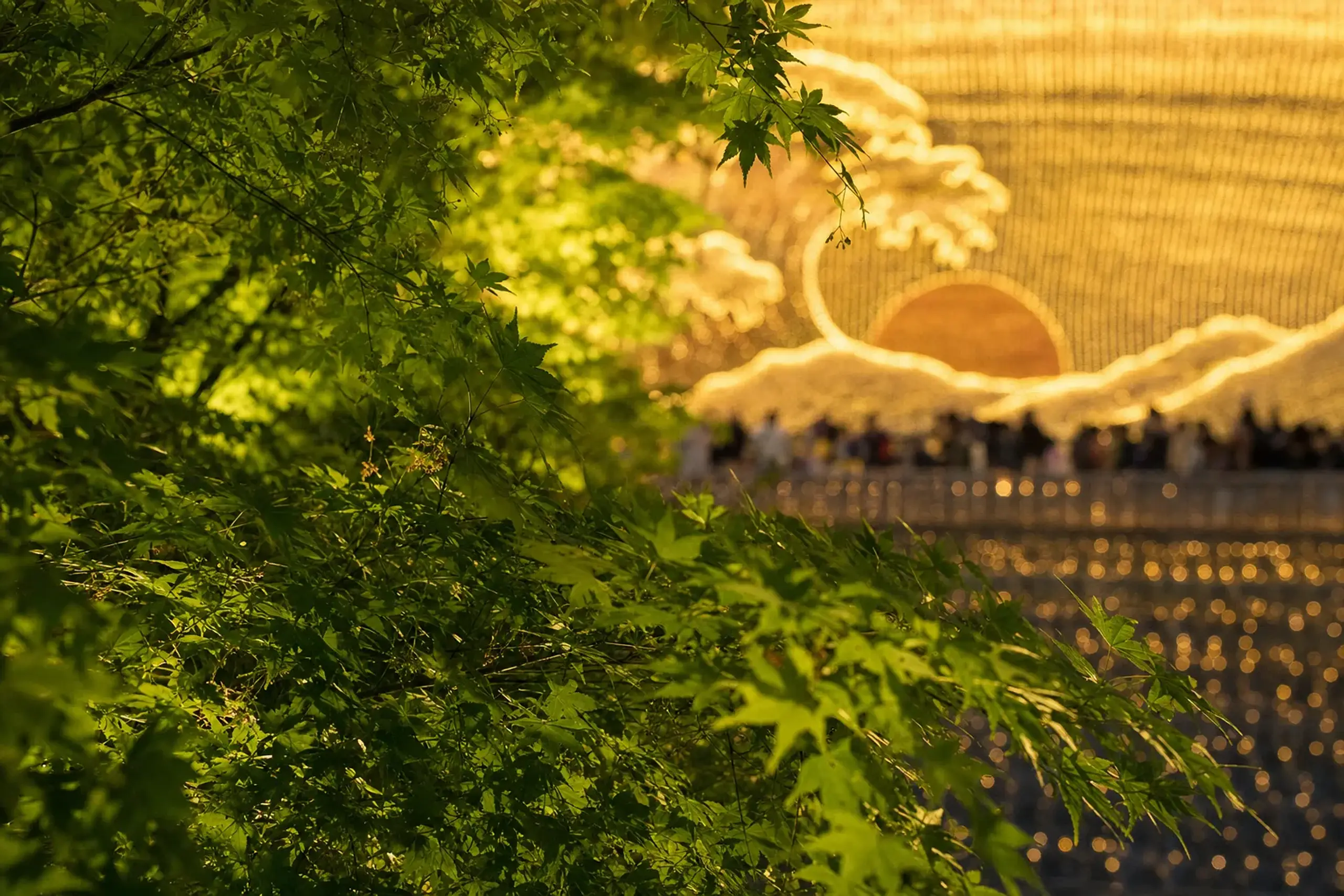 The 'Zipangu' golden-island themed LED illumination scene at Nabana no Sato, with cascading gold lights evoking Hokusai and Hiroshige ukiyo-e imagery