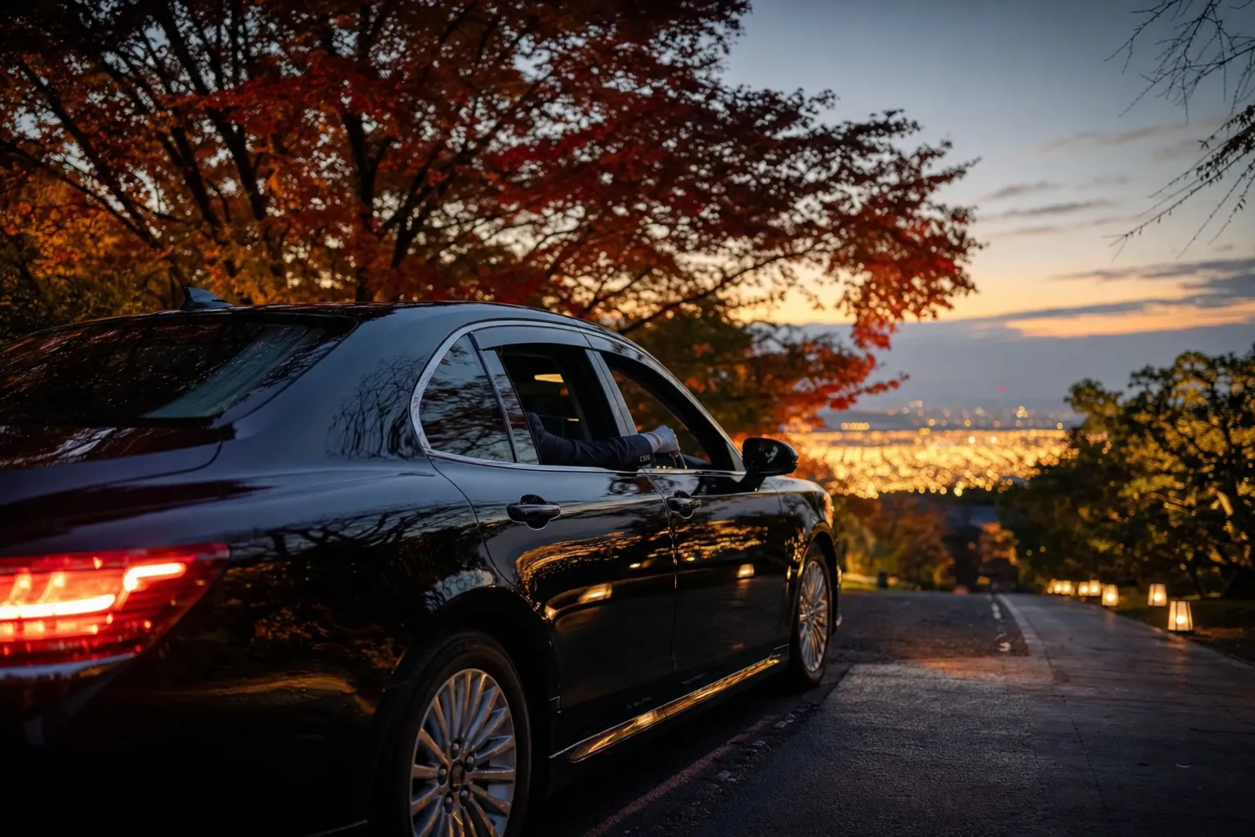 A chauffeured premium private vehicle on the evening approach road toward the illuminated Nabana no Sato grounds
