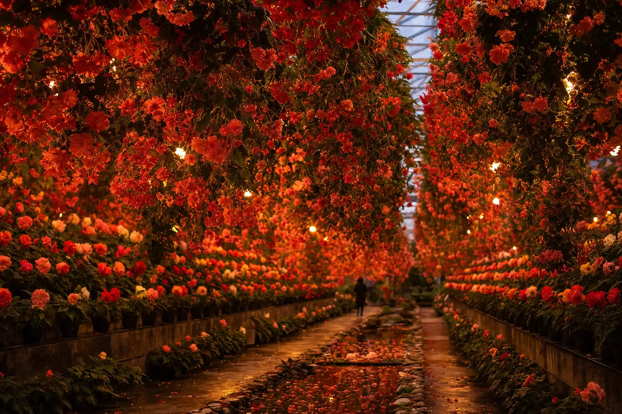 The vast indoor begonia garden greenhouse at Nabana no Sato filled with dense hanging and potted begonia blooms