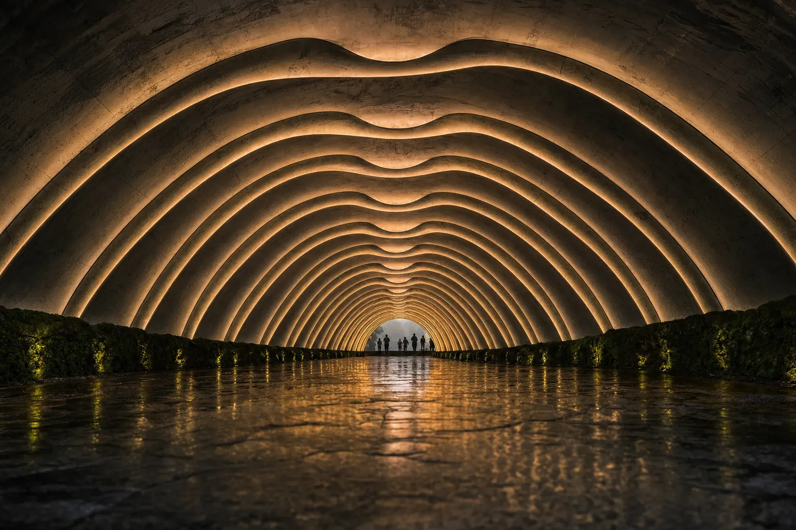 The Nami wave-patterned 100-meter light tunnel at Nabana no Sato with its rhythmic LED sequences