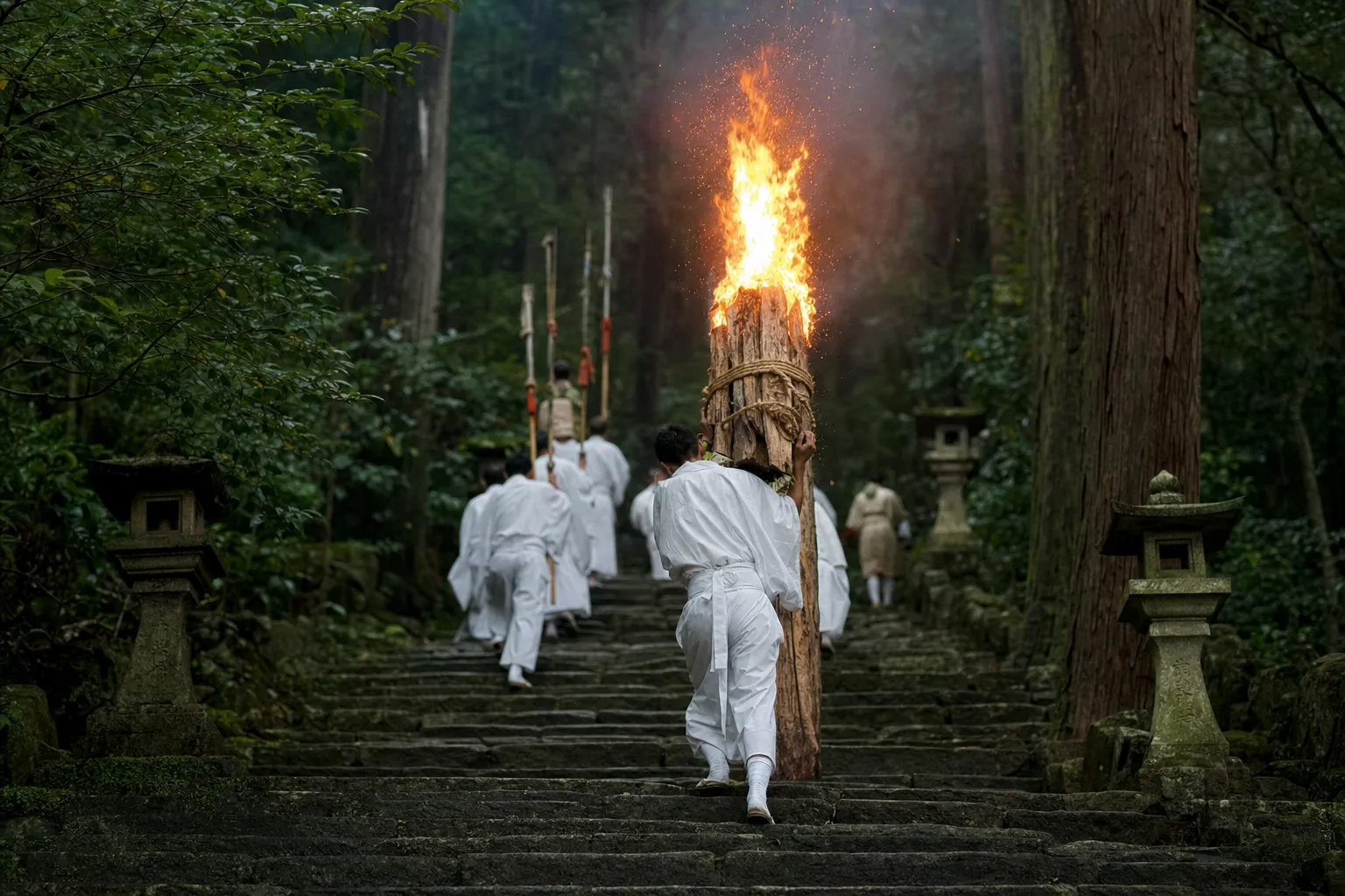 Large flaming torches carried during the Nachi Fire Festival procession near Kumano Nachi Taisha in Wakayama