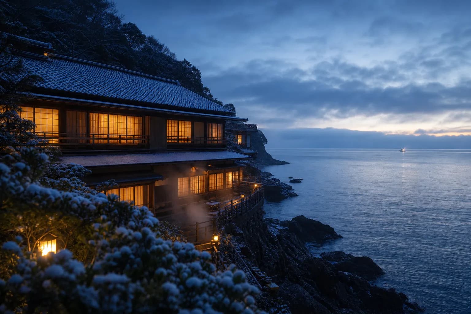 Coastal onsen ryokan exterior at dusk in the Nachikatsuura area of Wakayama, a gateway base for Kumano Nachi Taisha