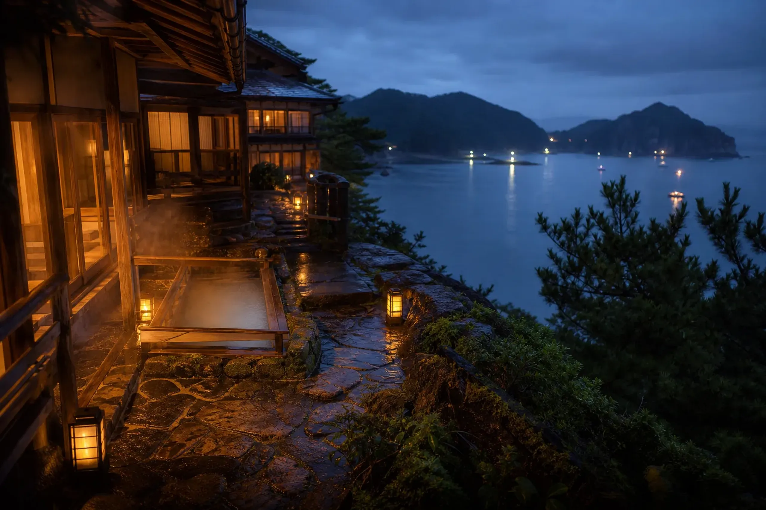Coastal onsen ryokan exterior at dusk in the Nachikatsuura area of Wakayama, a gateway base for Kumano Nachi Taisha