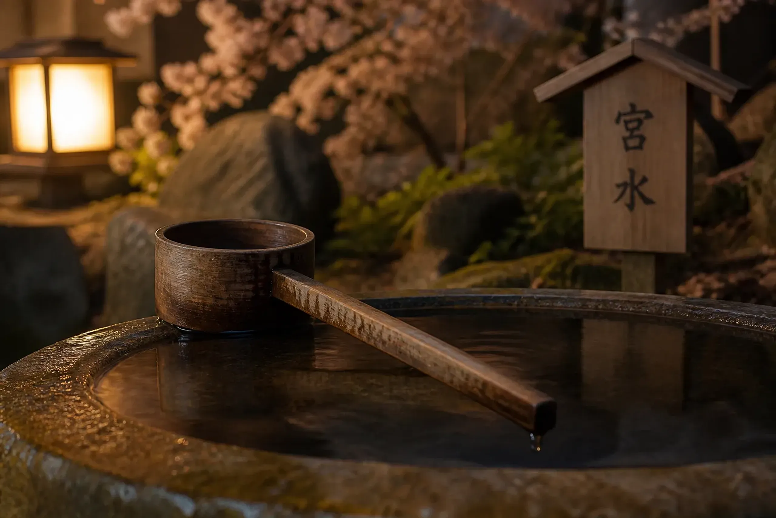 Traditional ladle and stone basin labeled Miyamizu at a Nada sake brewery