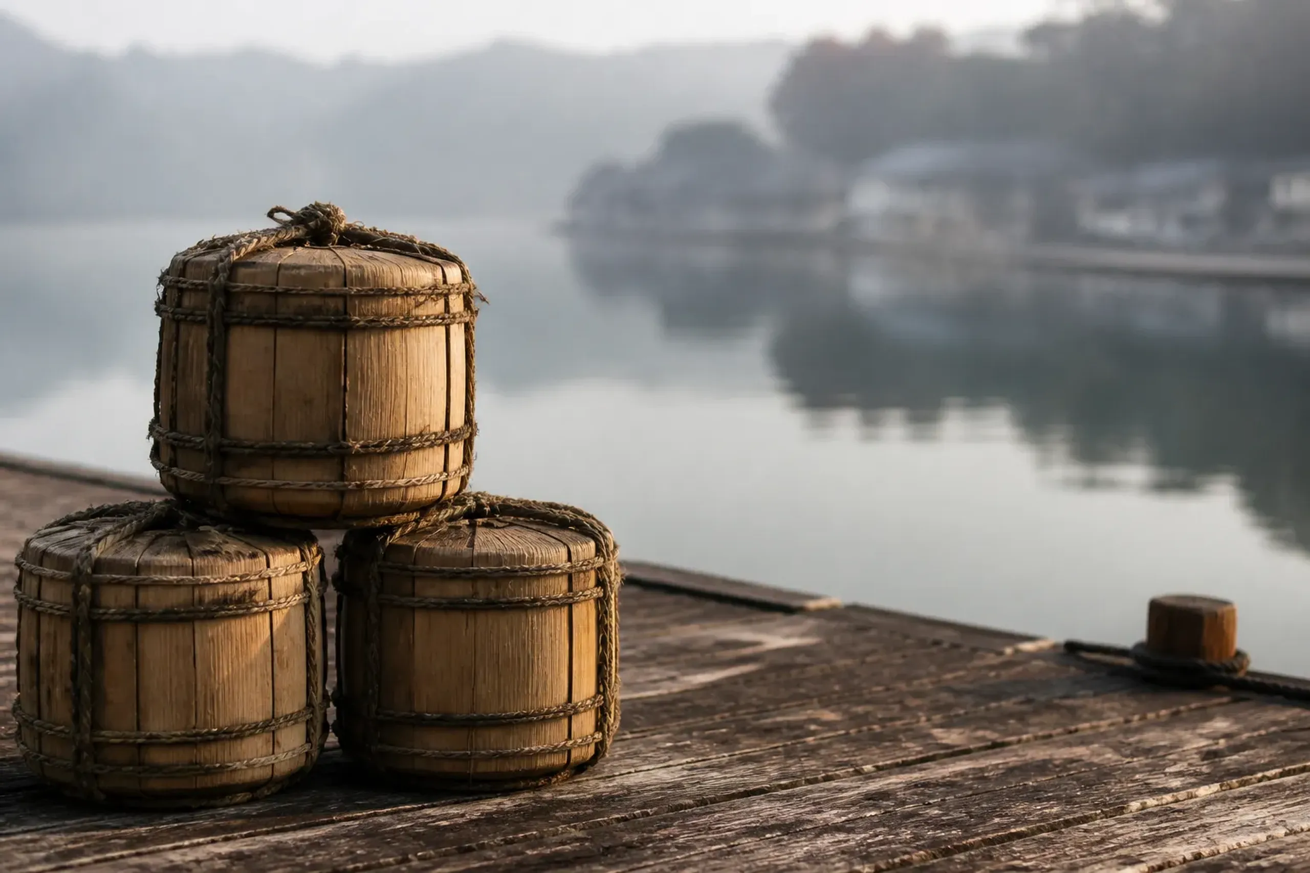 Cedar sake barrels stacked near a harbor, referencing tarukaisen shipping from Nada to Edo
