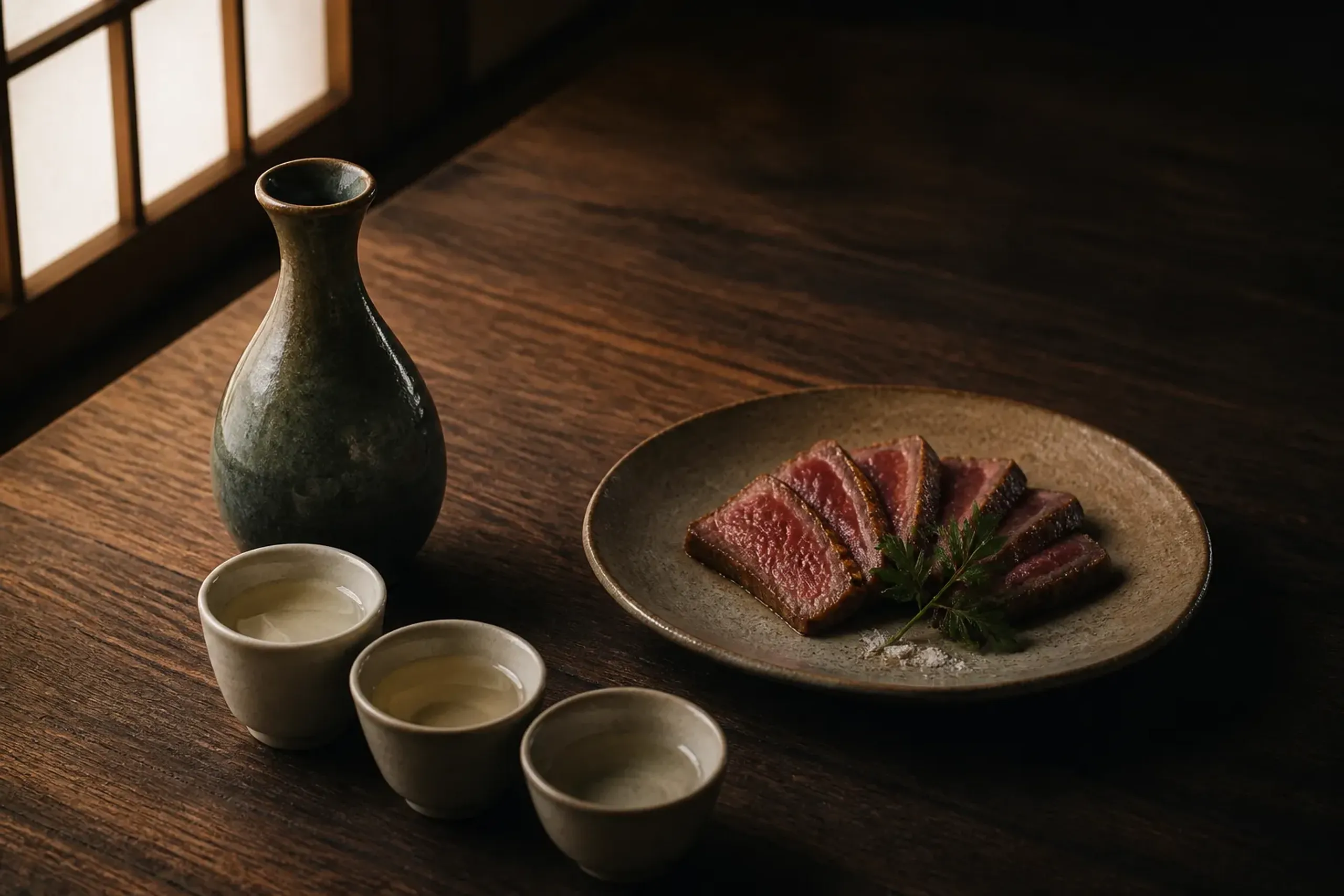 Sake tasting set next to a small plated portion of seared beef in a Japanese dining room