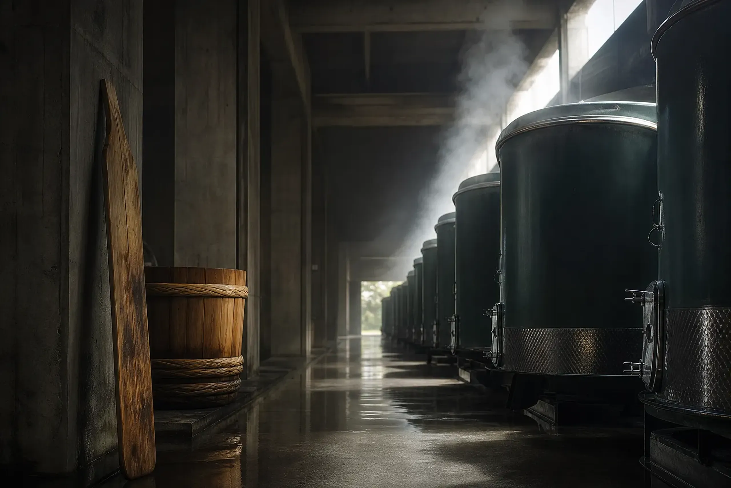 The interior brewing hall of a Nada-Gogo brewery showing large fermentation tanks and traditional brewing tools within a modern concrete structure