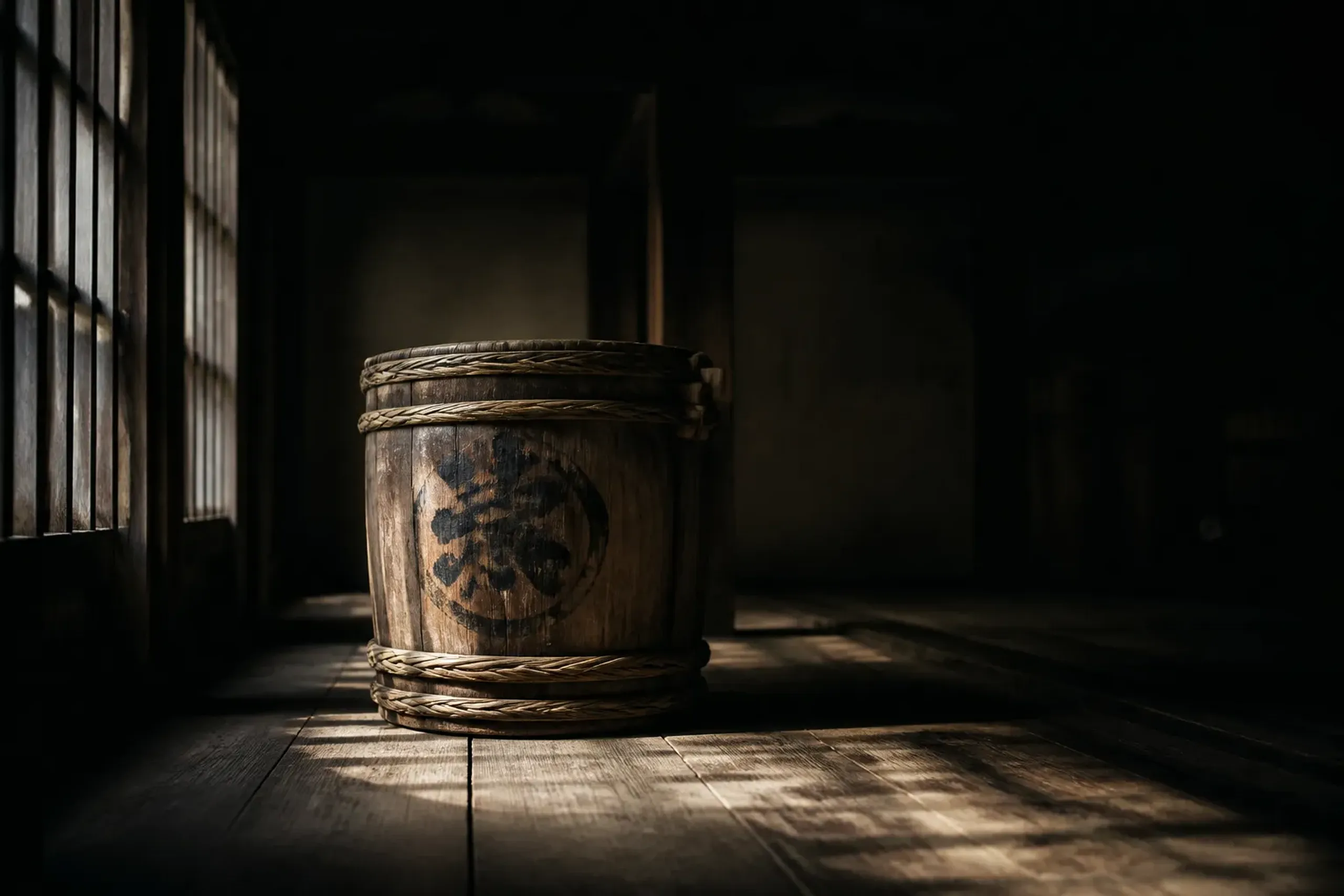 A restored wooden tarukaisen cargo barrel display representing the kudari-zake sake shipped from Nada's coast toward Edo