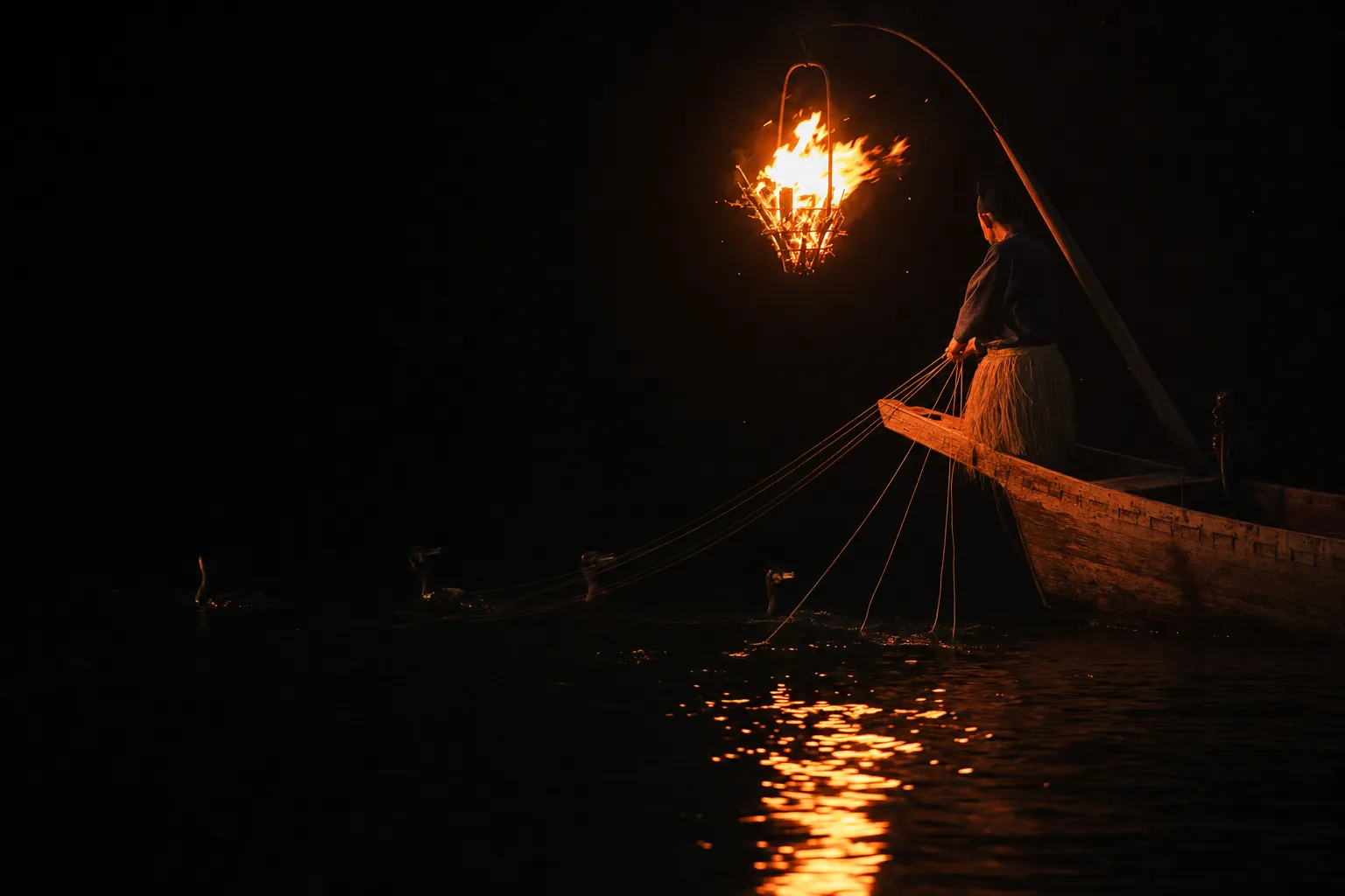Traditional Japanese cormorant fishing master managing birds by firelight on the Nagara River